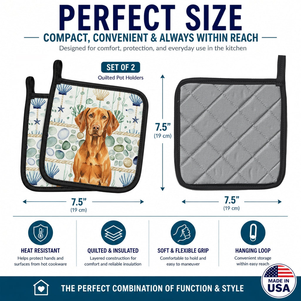 Vizsla Coastal Sea Glass Pot Holder Set of 2 Heat Resistant Quilted Hot Pads 7.5 x 7.5 Inch, Insulated Kitchen Trivets for Cooking & Baking