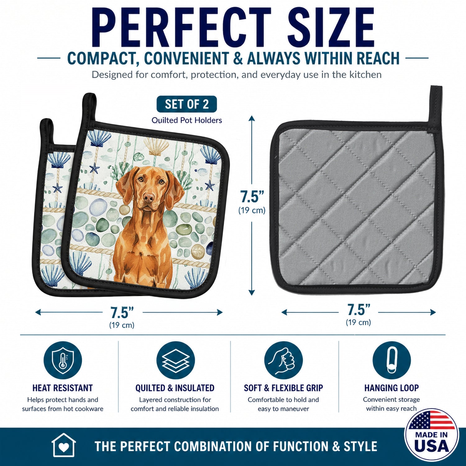 Vizsla Coastal Sea Glass Pot Holder Set of 2 Heat Resistant Quilted Hot Pads 7.5 x 7.5 Inch, Insulated Kitchen Trivets for Cooking & Baking