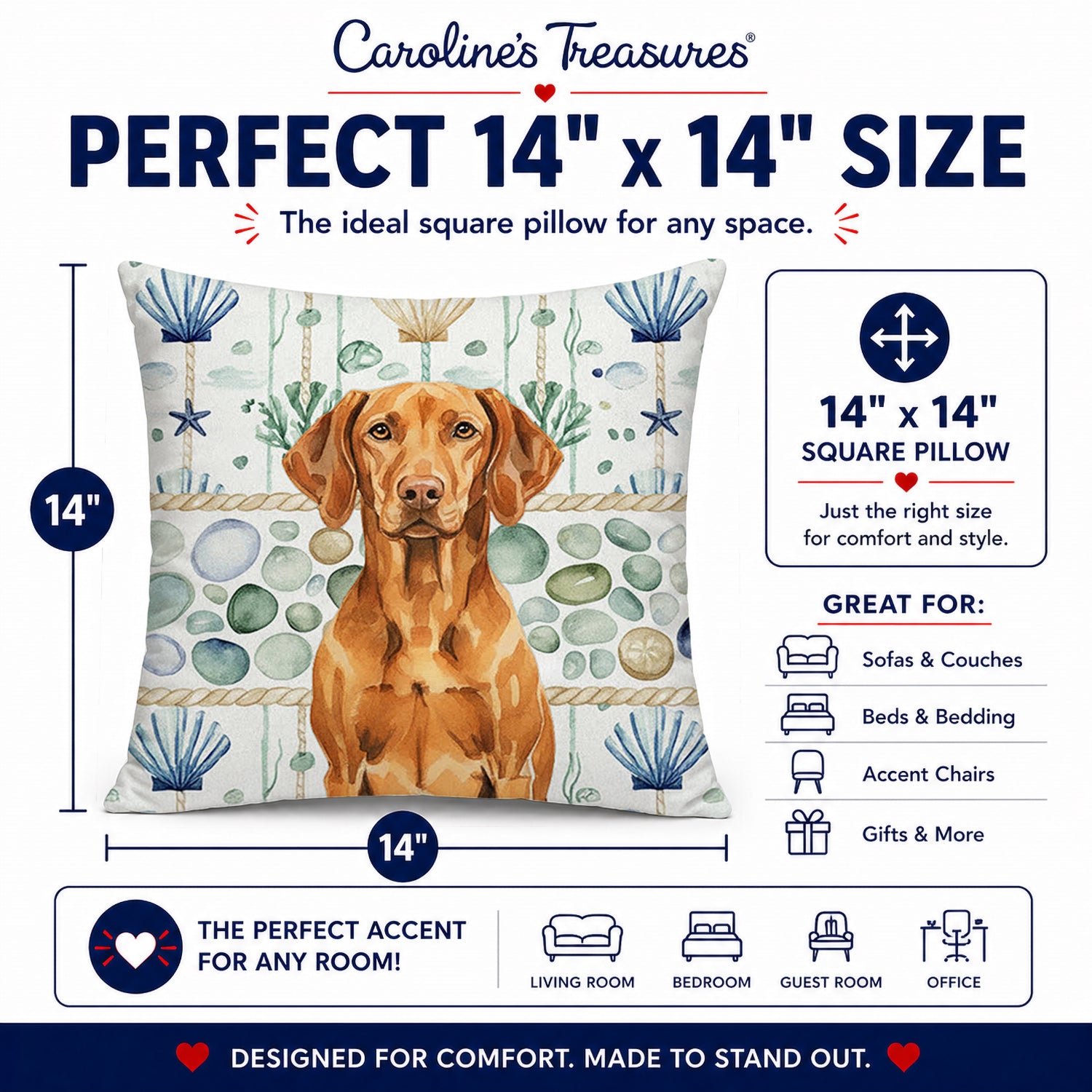 Vizsla Coastal Sea Glass Decorative Throw Pillow 14x14 Indoor Outdoor Accent Cushion, Fabric Cover with Insert for Sofa, Bed, Porch & Living Room