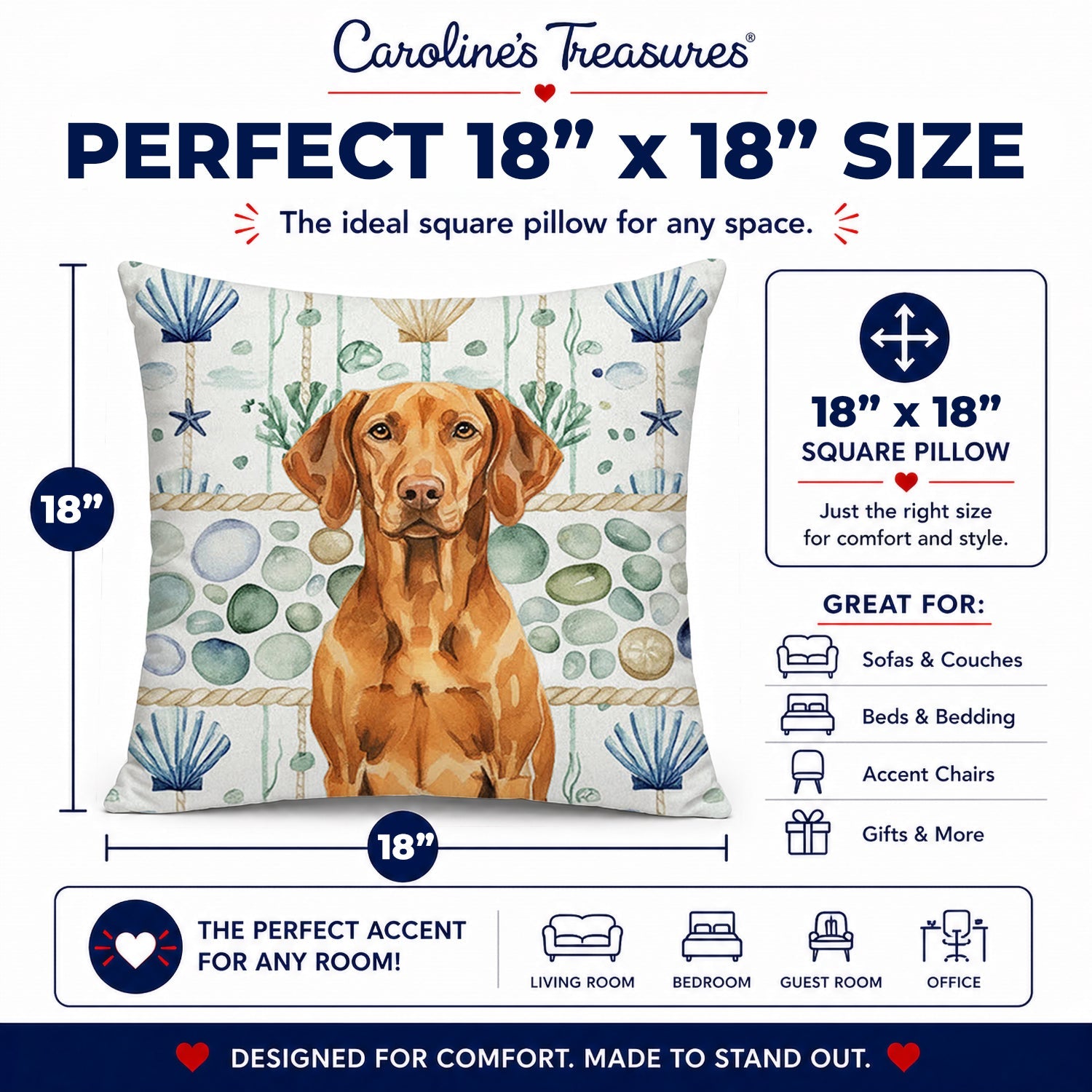 Vizsla Coastal Sea Glass Decorative Throw Pillow 18x18 Indoor Outdoor Accent Cushion, Fabric Cover with Insert for Sofa, Bed, Porch & Living Room