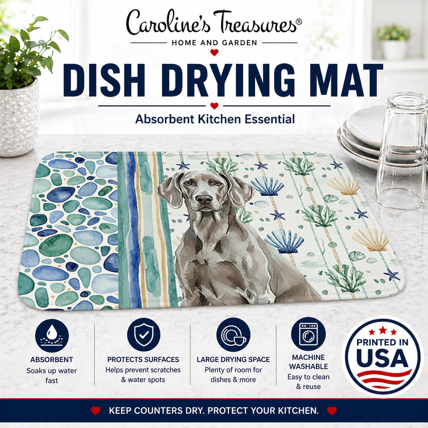 Weimaraner Coastal Sea Glass Dish Drying Mat Absorbent Dish Drying Mat Pad for Kitchen Counter Dish Drainer Mat for Countertop, 14 x 21", Multicolor
