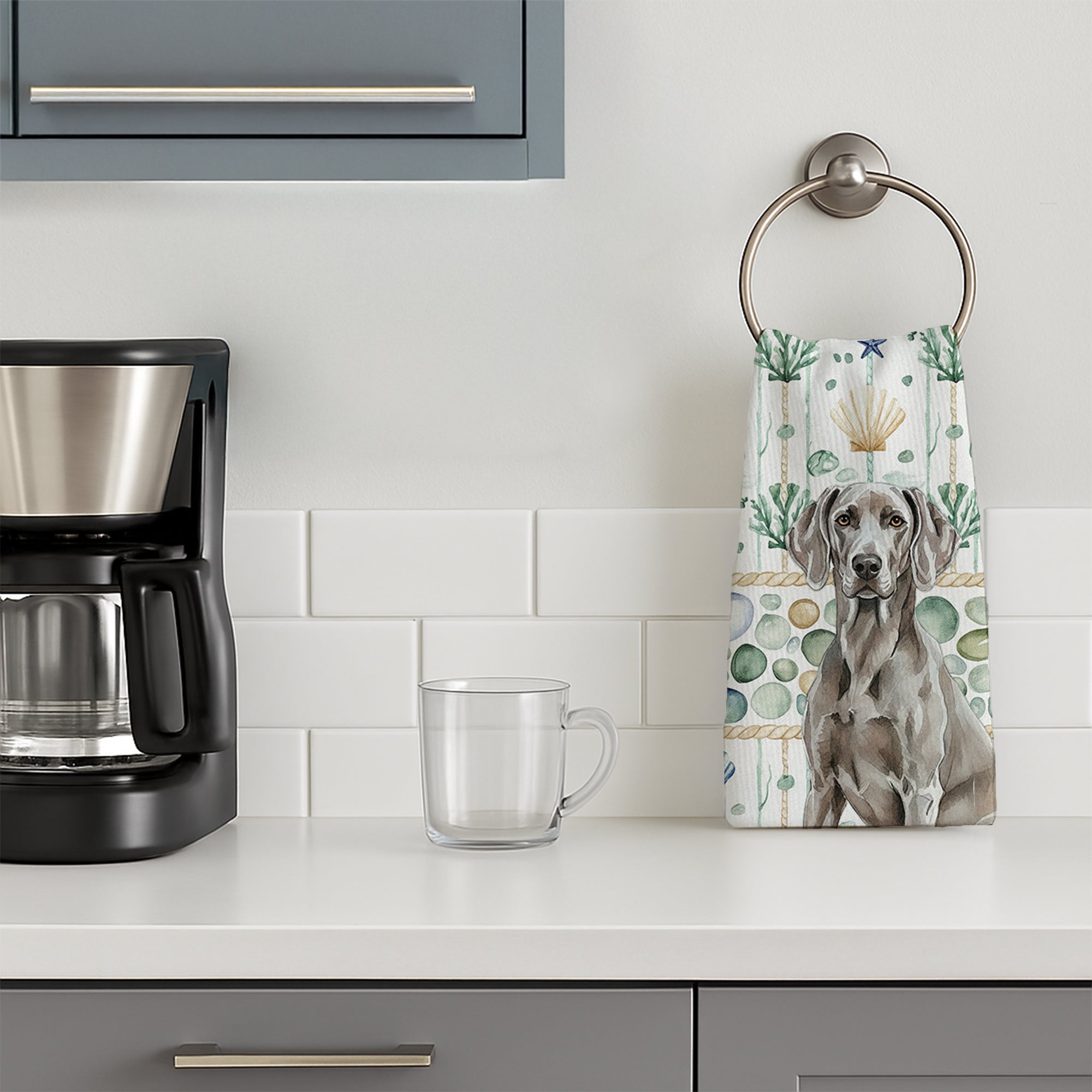 Weimaraner Coastal Sea Glass Kitchen Towel Velour Plush Front and Cotton Loop Back Machine Washable