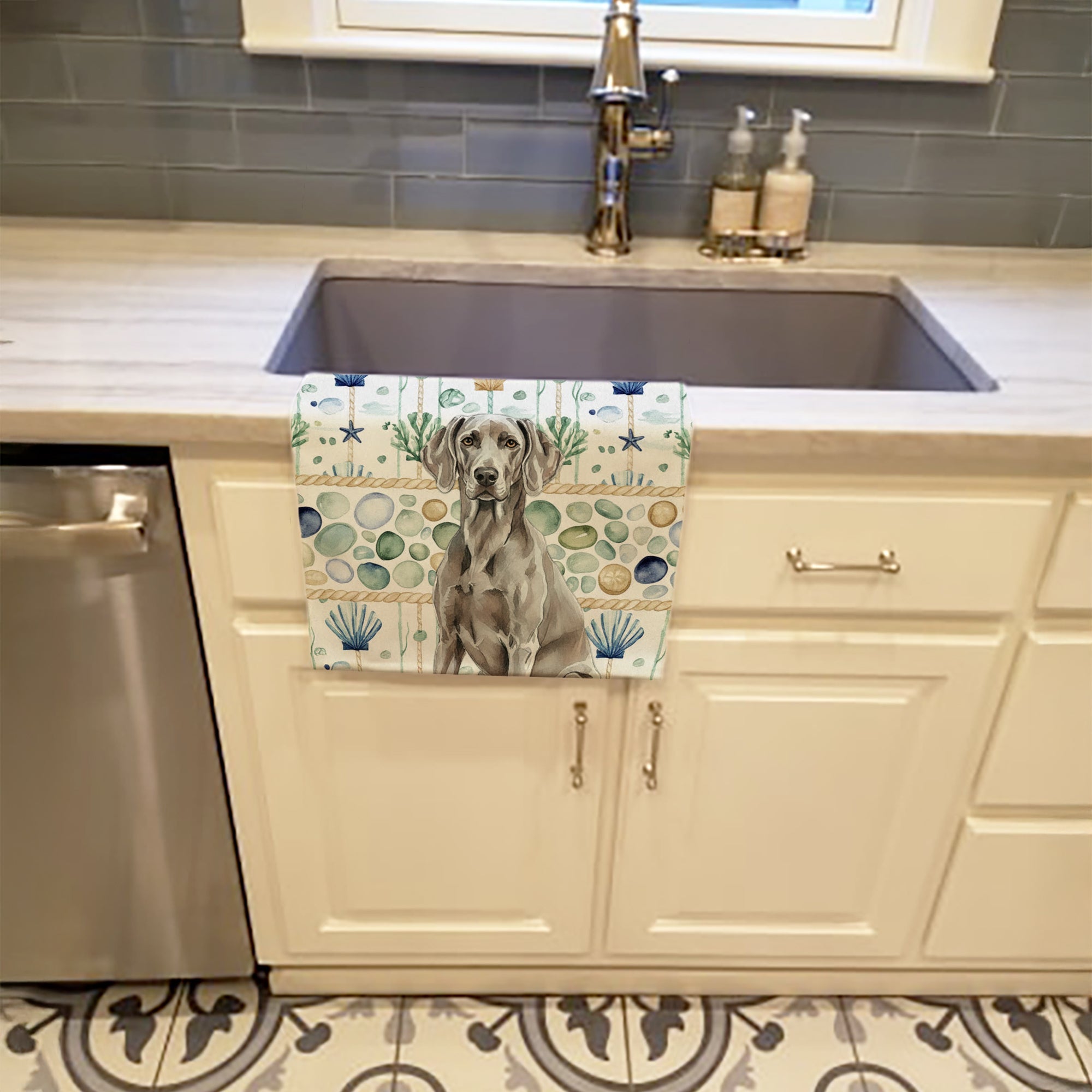 Weimaraner Coastal Sea Glass Kitchen Towel Velour Plush Front and Cotton Loop Back Machine Washable