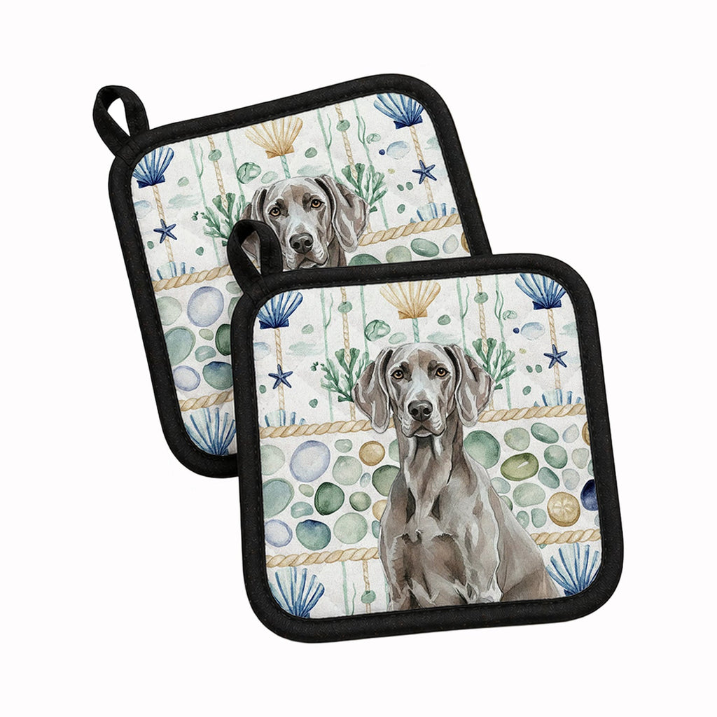 Weimaraner Coastal Sea Glass Pot Holder Set of 2 Heat Resistant Quilted Hot Pads 7.5 x 7.5 Inch, Insulated Kitchen Trivets for Cooking & Baking
