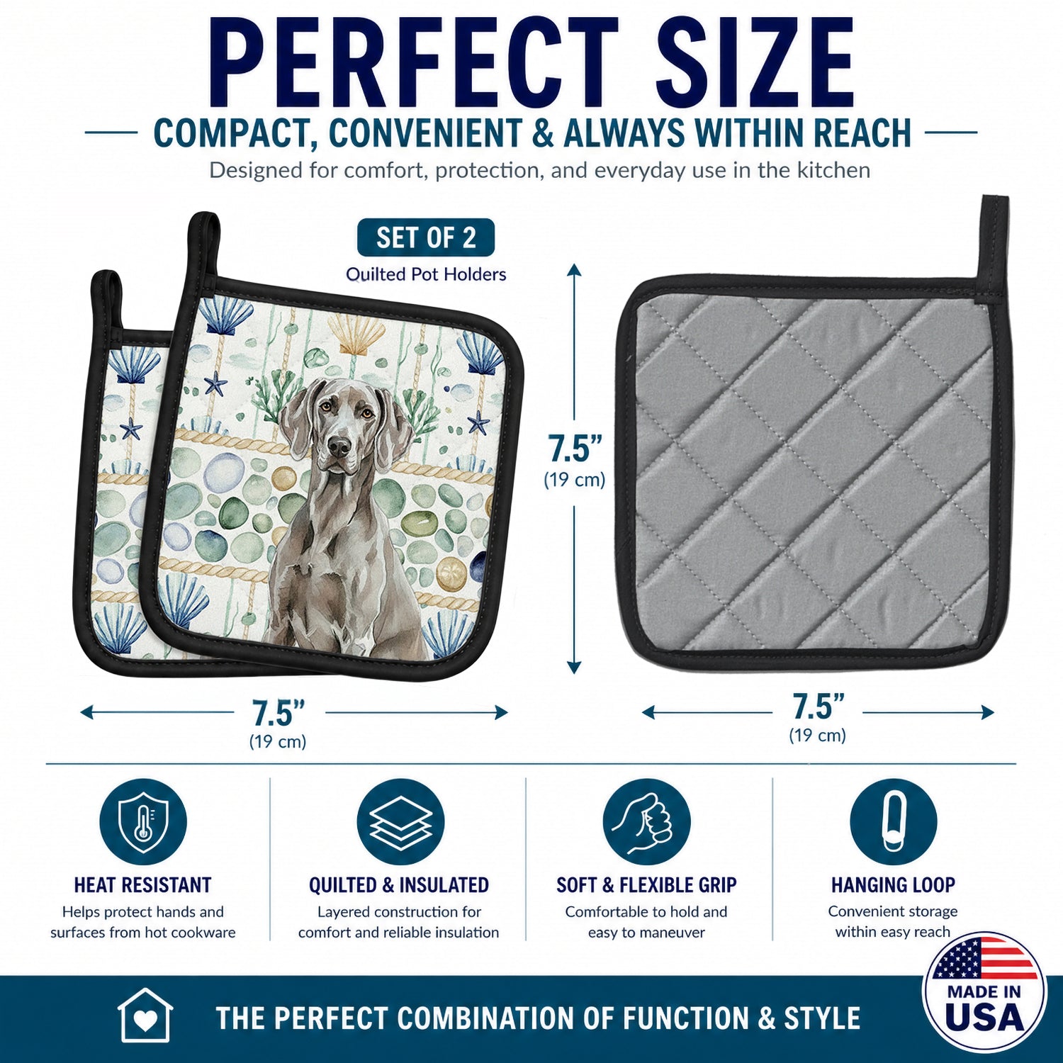 Weimaraner Coastal Sea Glass Pot Holder Set of 2 Heat Resistant Quilted Hot Pads 7.5 x 7.5 Inch, Insulated Kitchen Trivets for Cooking & Baking