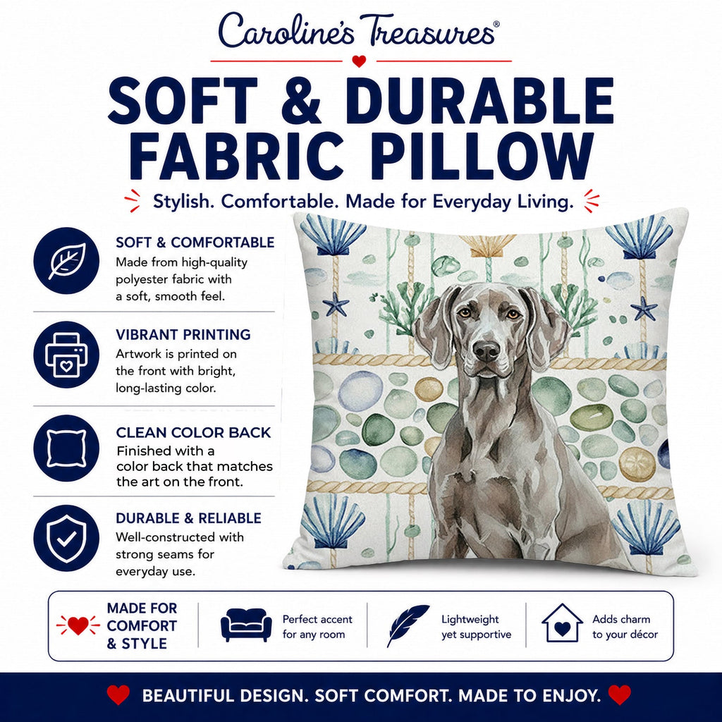 Weimaraner Coastal Sea Glass Decorative Throw Pillow 14x14 Indoor Outdoor Accent Cushion, Fabric Cover with Insert for Sofa, Bed, Porch & Living Room