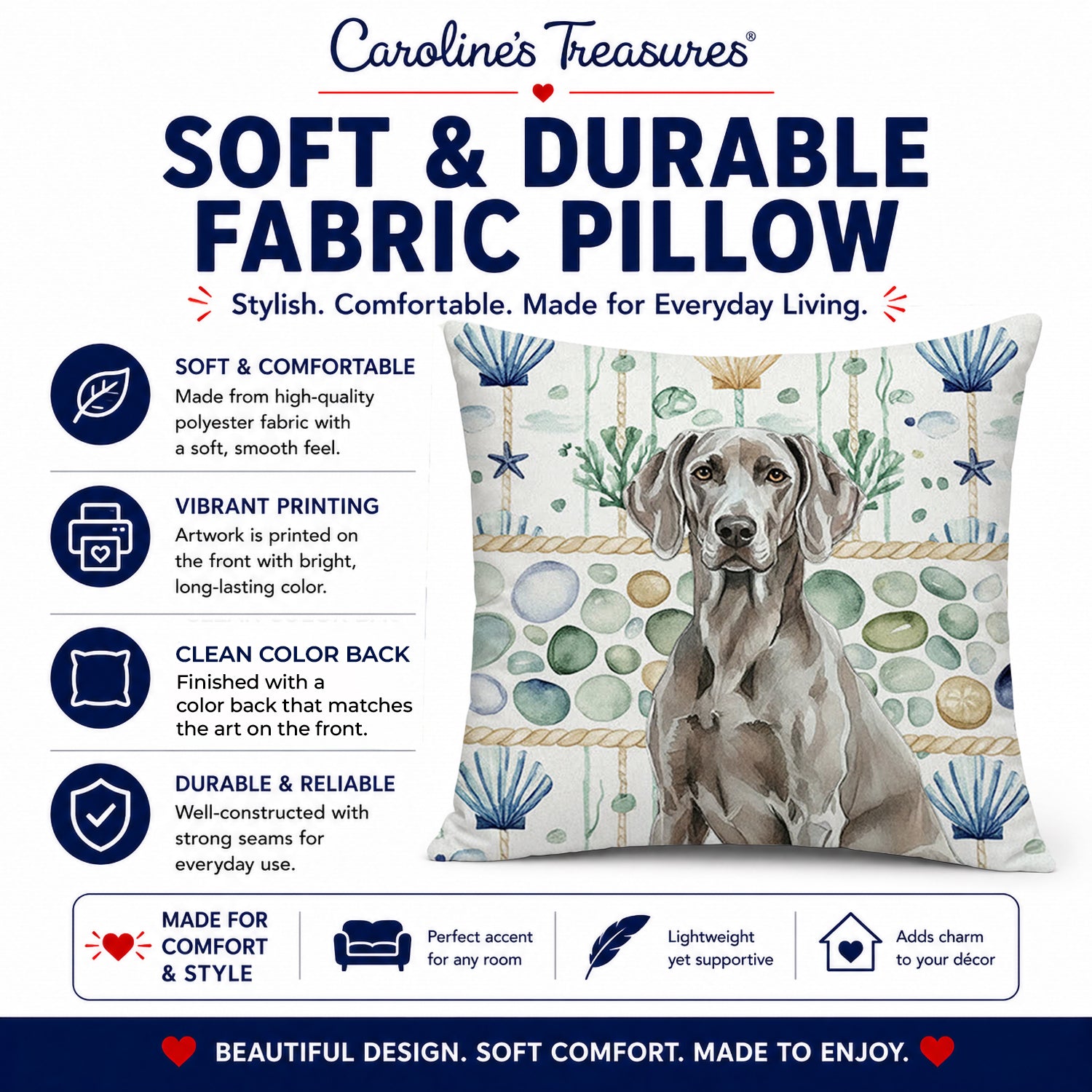 Weimaraner Coastal Sea Glass Decorative Throw Pillow 18x18 Indoor Outdoor Accent Cushion, Fabric Cover with Insert for Sofa, Bed, Porch & Living Room