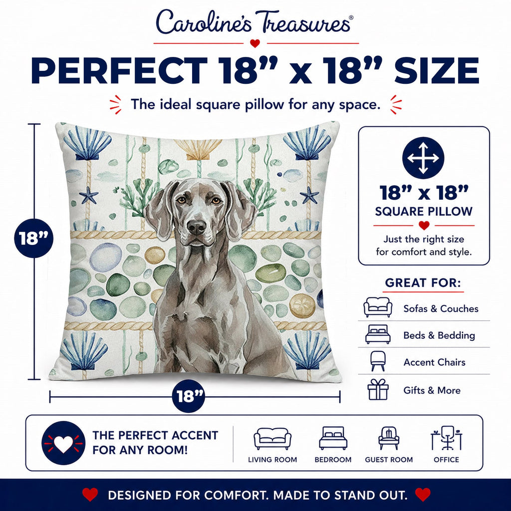 Weimaraner Coastal Sea Glass Decorative Throw Pillow 18x18 Indoor Outdoor Accent Cushion, Fabric Cover with Insert for Sofa, Bed, Porch & Living Room