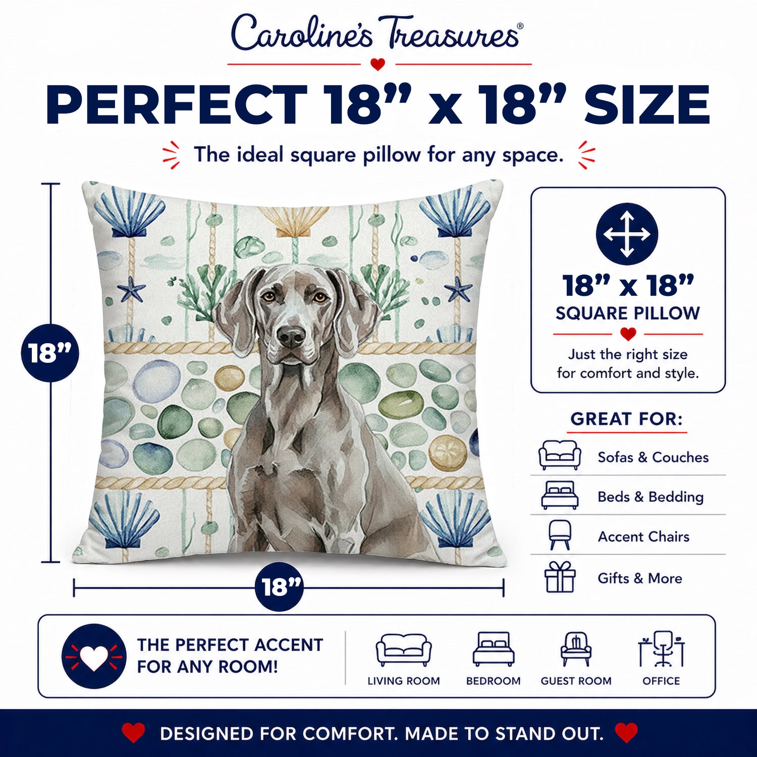 Weimaraner Coastal Sea Glass Decorative Throw Pillow 18x18 Indoor Outdoor Accent Cushion, Fabric Cover with Insert for Sofa, Bed, Porch & Living Room