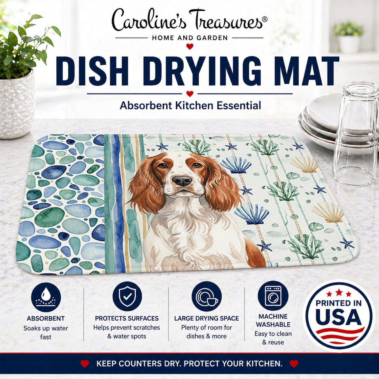 Welsh Springer Spaniel Coastal Sea Glass Dish Drying Mat Absorbent Dish Drying Mat Pad for Kitchen Counter Dish Drainer Mat for Countertop, 14 x 21", Multicolor
