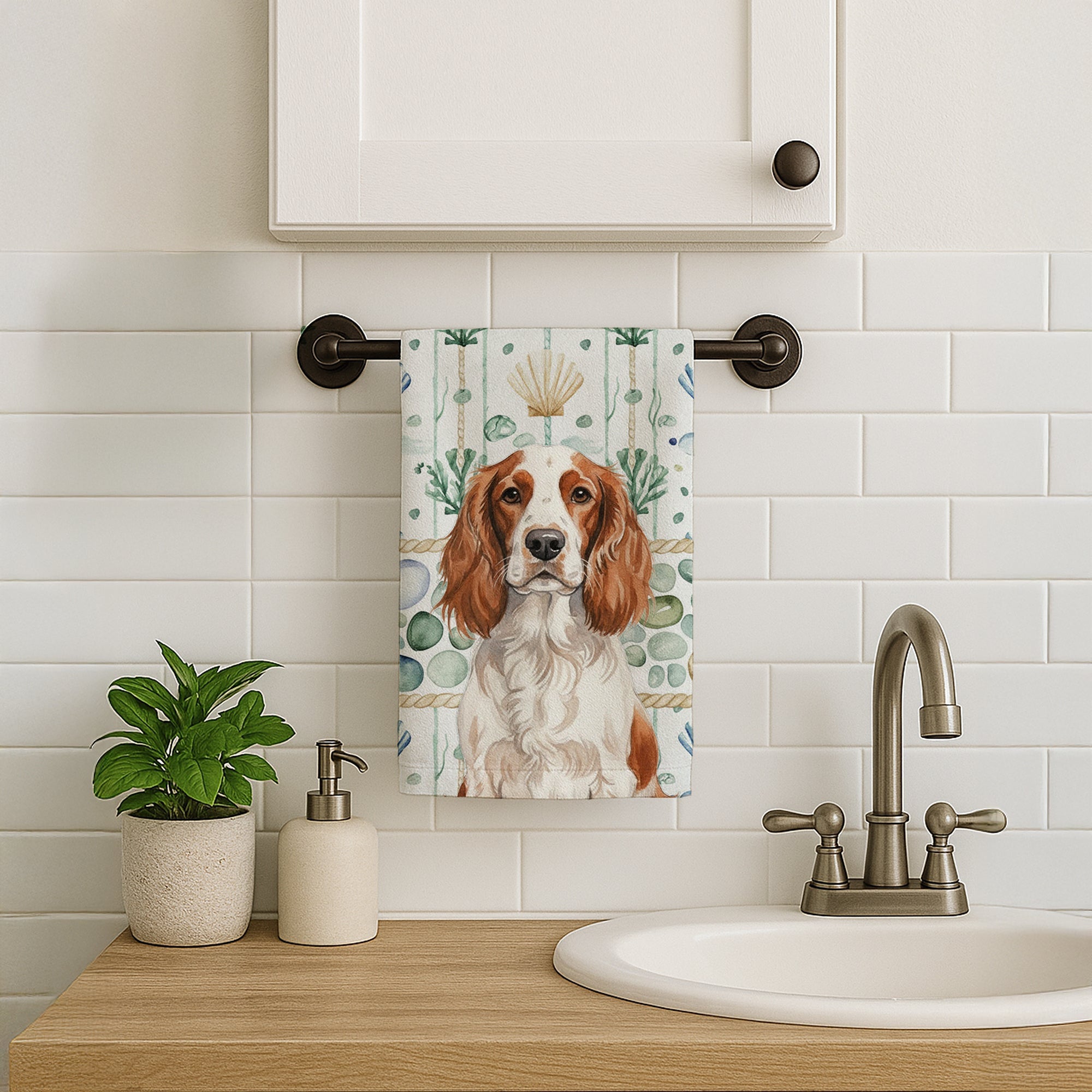 Welsh Springer Spaniel Coastal Sea Glass Kitchen Towel Velour Plush Front and Cotton Loop Back Machine Washable