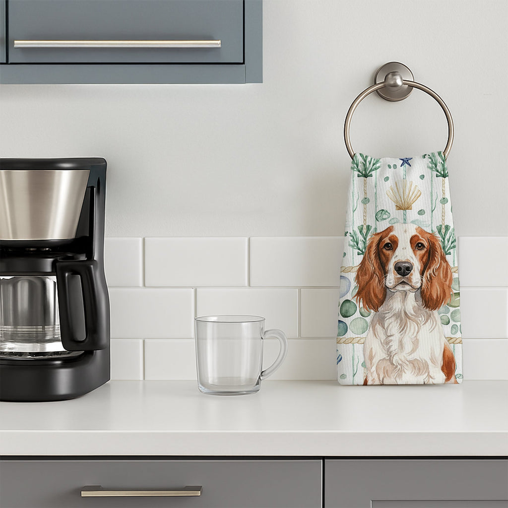 Welsh Springer Spaniel Coastal Sea Glass Kitchen Towel Velour Plush Front and Cotton Loop Back Machine Washable