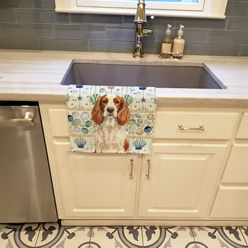 Welsh Springer Spaniel Coastal Sea Glass Kitchen Towel Velour Plush Front and Cotton Loop Back Machine Washable