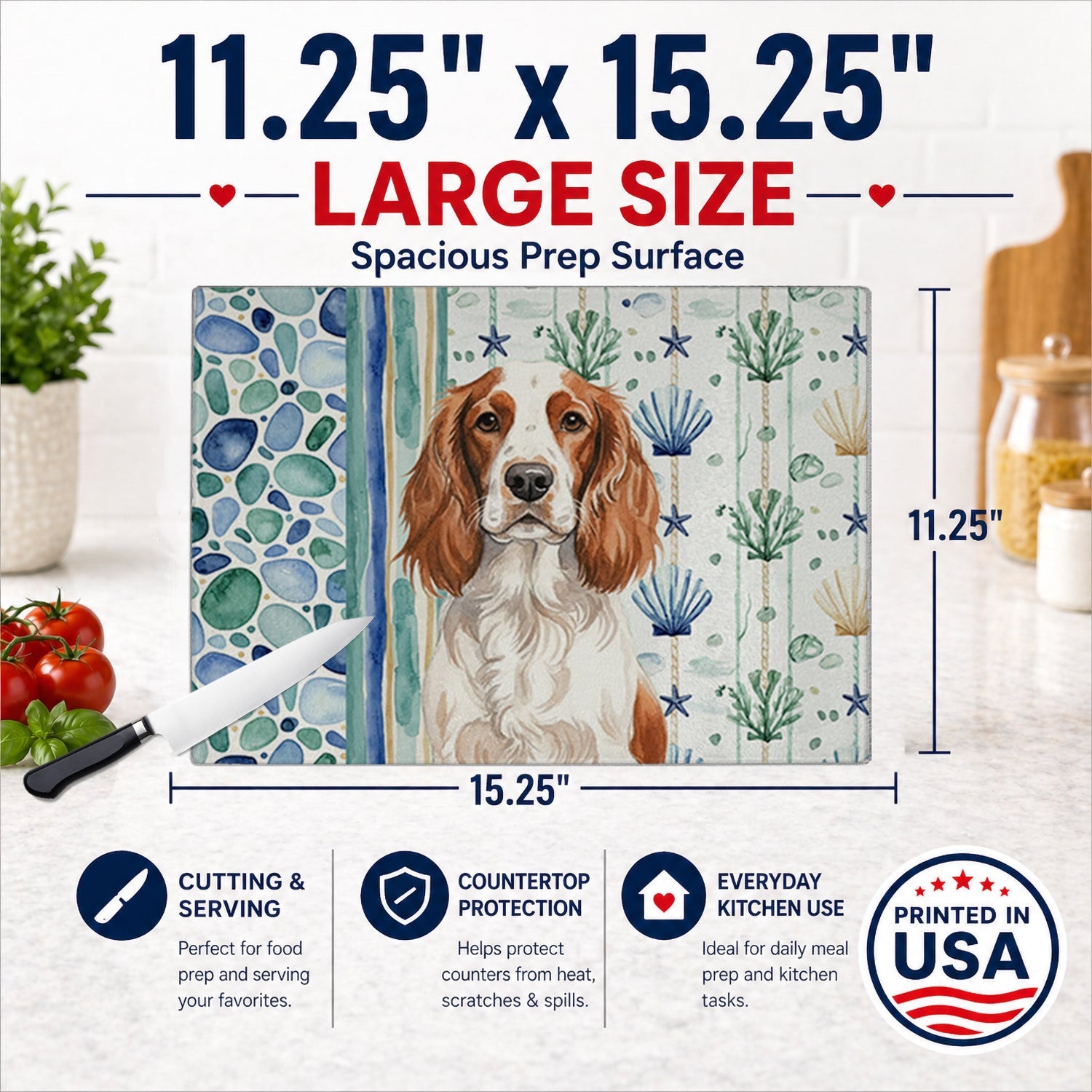 Welsh Springer Spaniel Coastal Sea Glass Cutting Board Tempered Glass Kitchen Cutting Surface, Heat Resistant Chopping, Non-Slip Feet, Food Prep & Serving