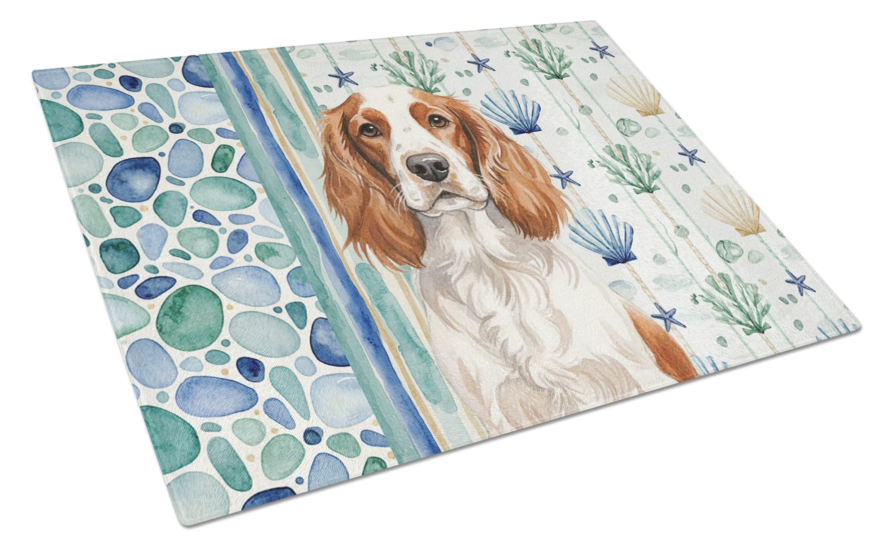 Welsh Springer Spaniel Coastal Sea Glass Cutting Board Tempered Glass Kitchen Cutting Surface, Heat Resistant Chopping, Non-Slip Feet, Food Prep & Serving