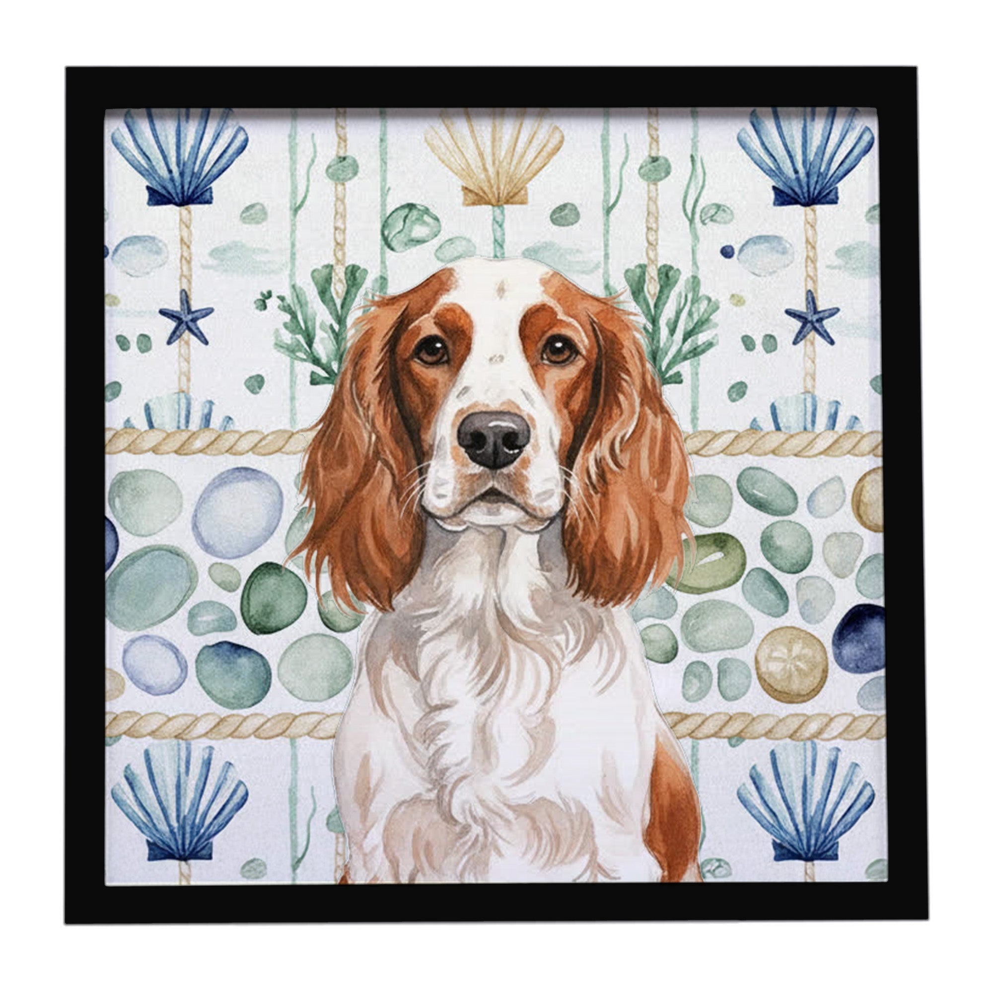 Welsh Springer Spaniel Coastal Sea Glass Framed Metal Print Bathroom, Kitchen, Office, Home Decor Wall Art Ready to Hang, Square, 8X8