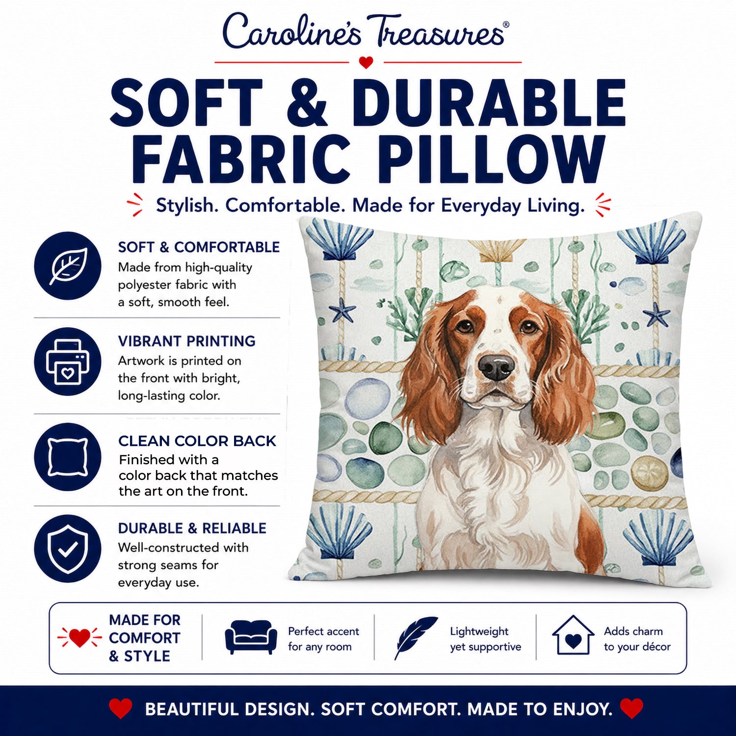 Welsh Springer Spaniel Coastal Sea Glass Decorative Throw Pillow 14x14 Indoor Outdoor Accent Cushion, Fabric Cover with Insert for Sofa, Bed, Porch & Living Room