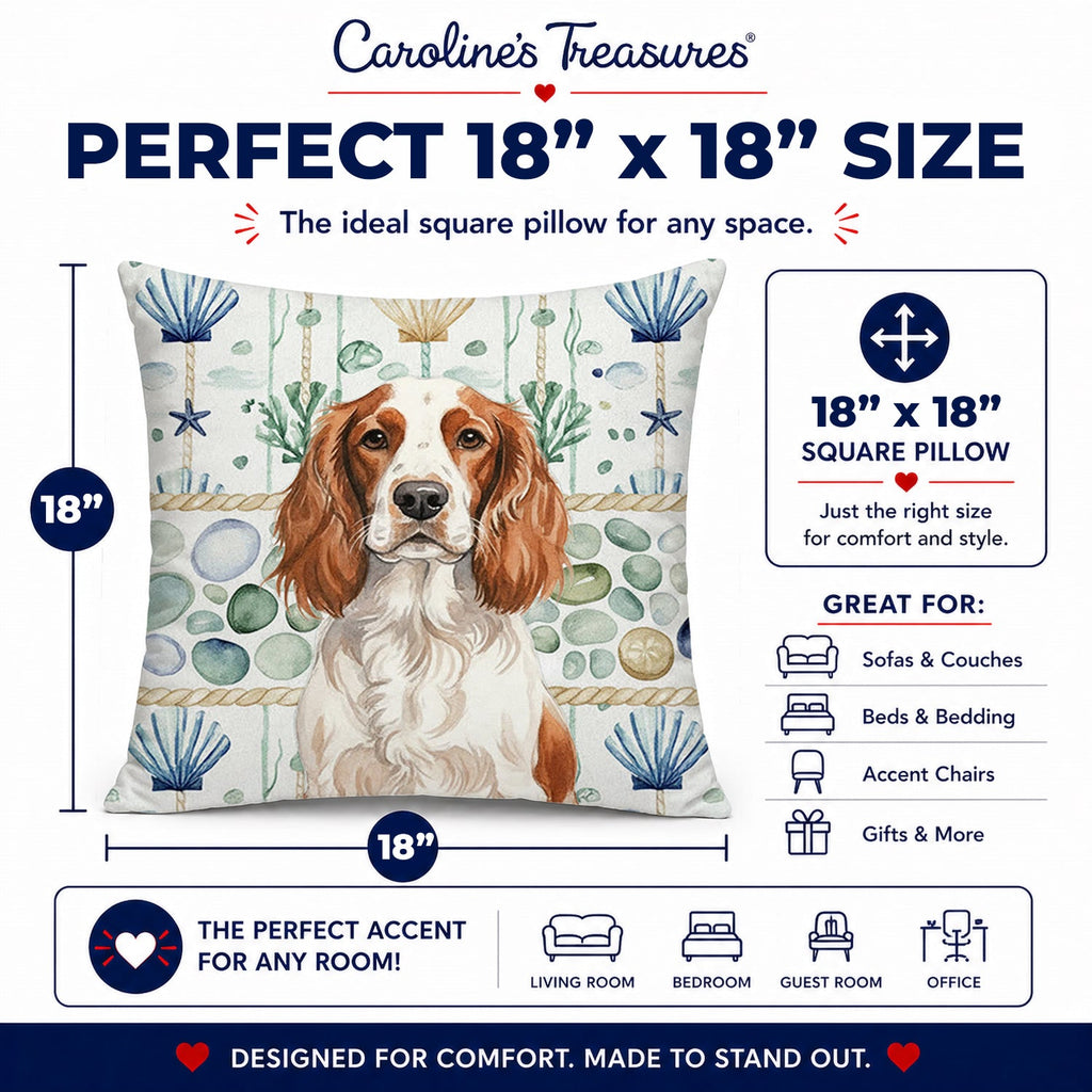 Welsh Springer Spaniel Coastal Sea Glass Decorative Throw Pillow 18x18 Indoor Outdoor Accent Cushion, Fabric Cover with Insert for Sofa, Bed, Porch & Living Room
