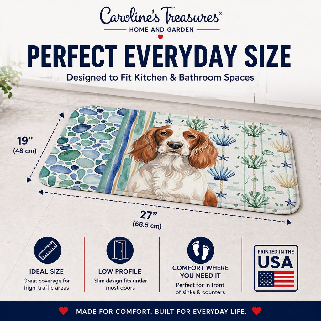 Welsh Springer Spaniel Coastal Sea Glass Memory Foam Kitchen Mat Machine Washable Anti-Fatigue Cushion Comfort Bath or Kitchen Rug