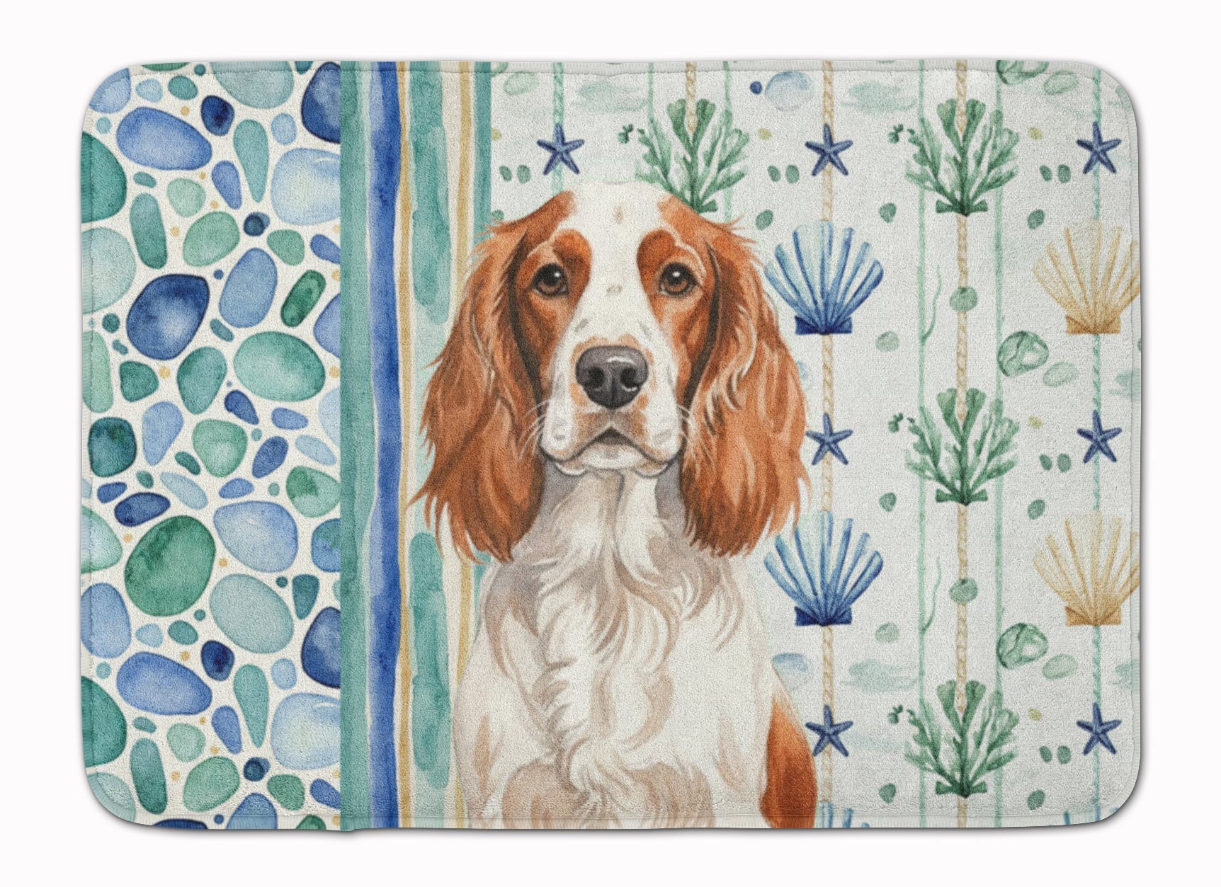 Welsh Springer Spaniel Coastal Sea Glass Memory Foam Kitchen Mat Machine Washable Anti-Fatigue Cushion Comfort Bath or Kitchen Rug