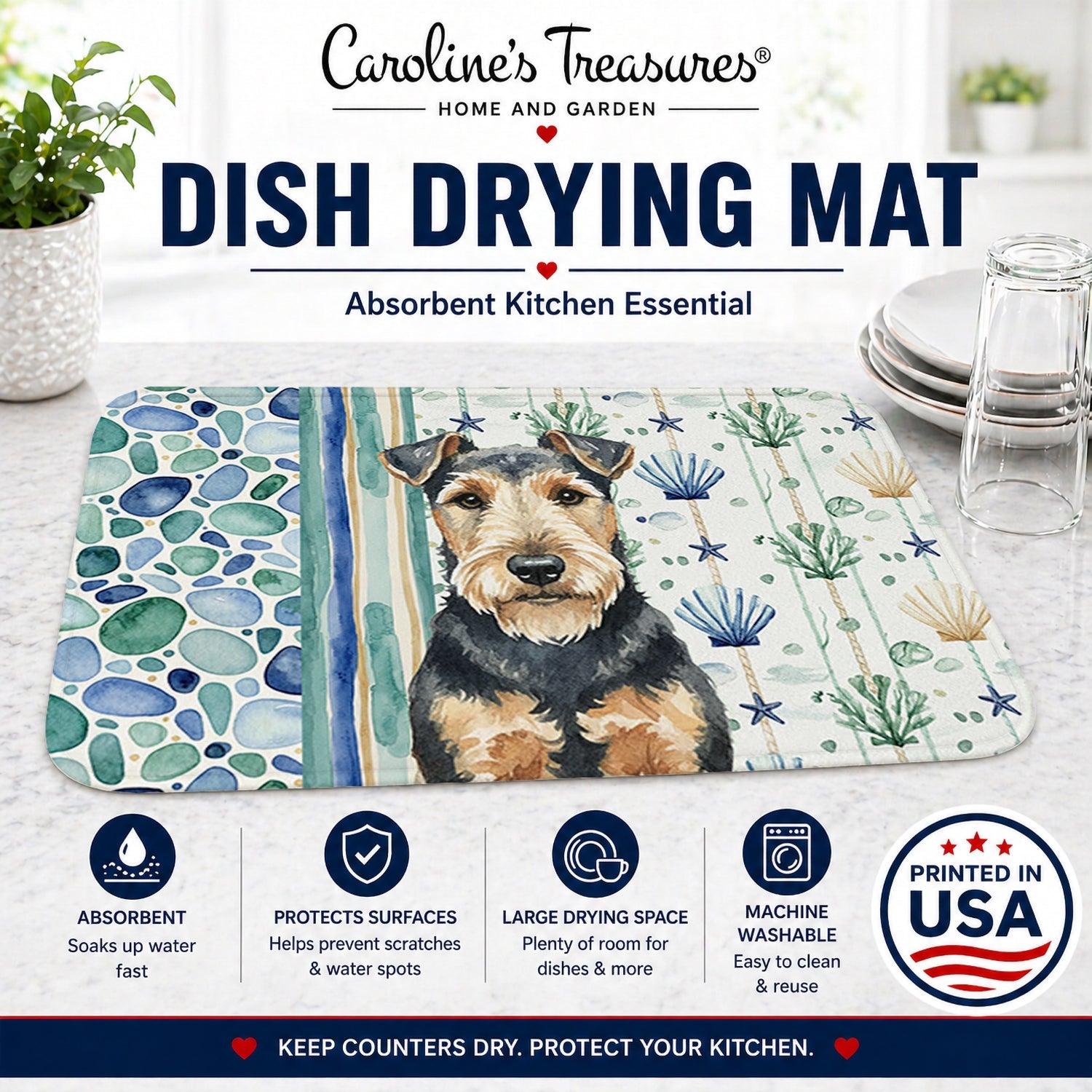 Welsh Terrier Coastal Sea Glass Dish Drying Mat Absorbent Dish Drying Mat Pad for Kitchen Counter Dish Drainer Mat for Countertop, 14 x 21", Multicolor