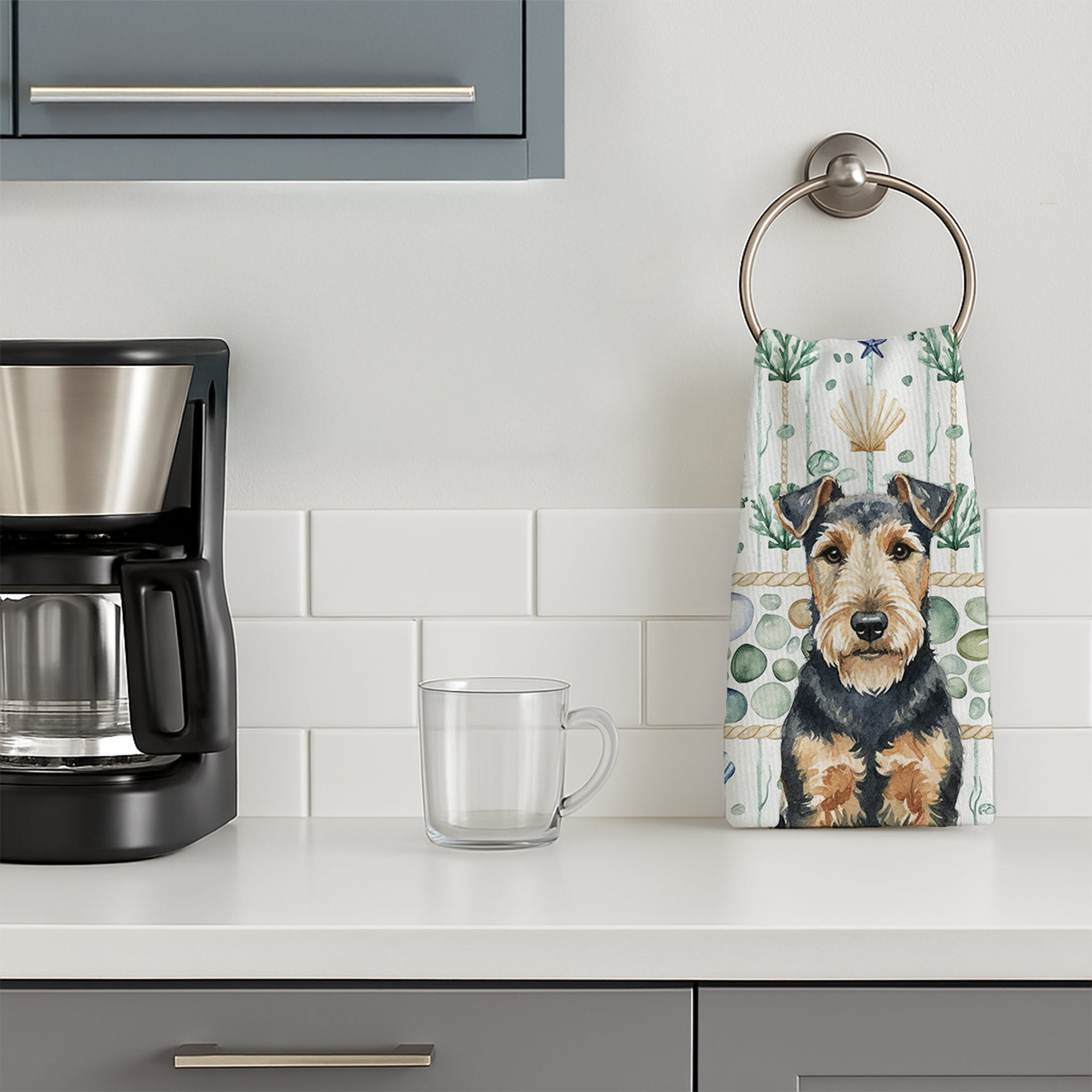 Welsh Terrier Coastal Sea Glass Kitchen Towel Velour Plush Front and Cotton Loop Back Machine Washable