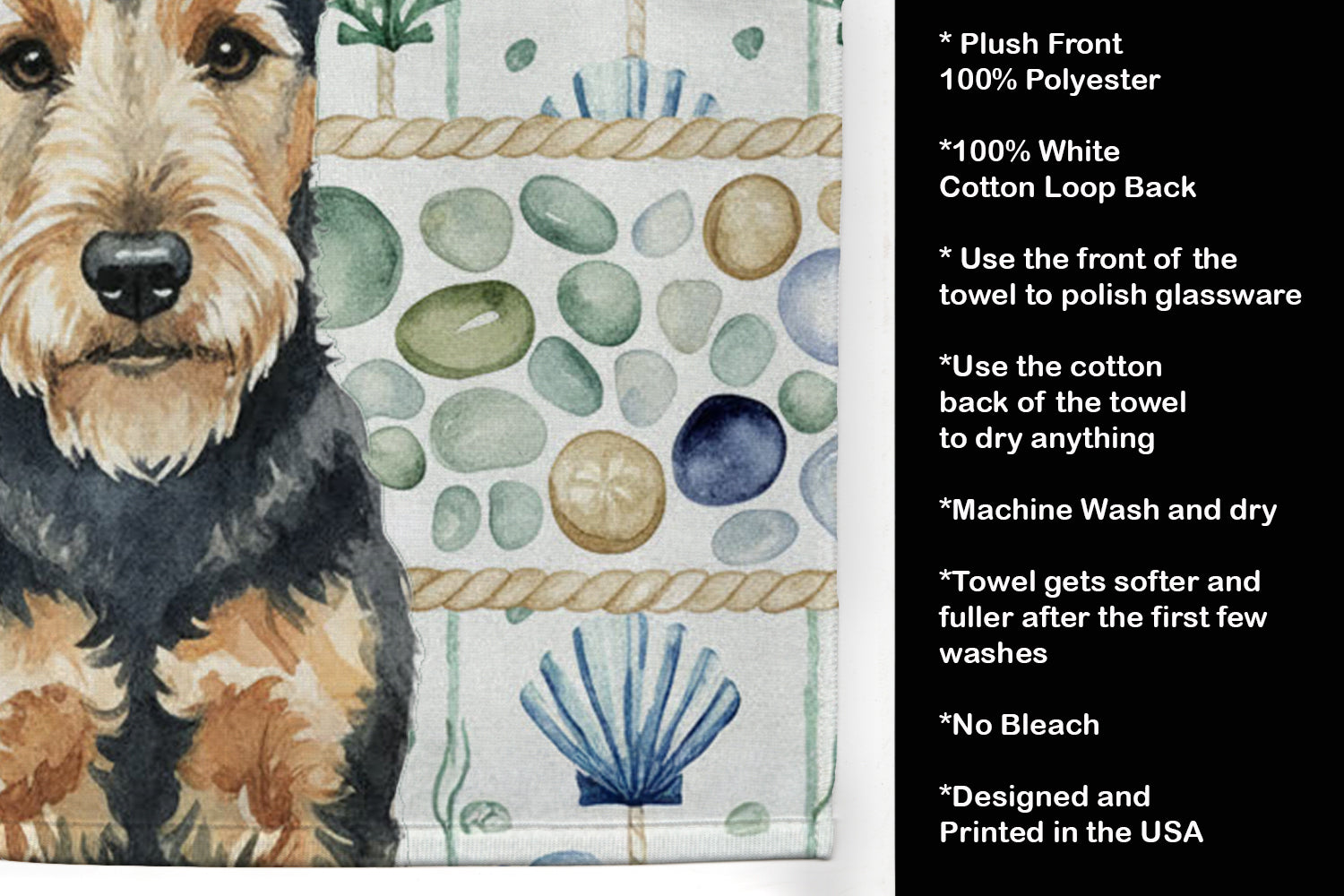 Welsh Terrier Coastal Sea Glass Kitchen Towel Velour Plush Front and Cotton Loop Back Machine Washable