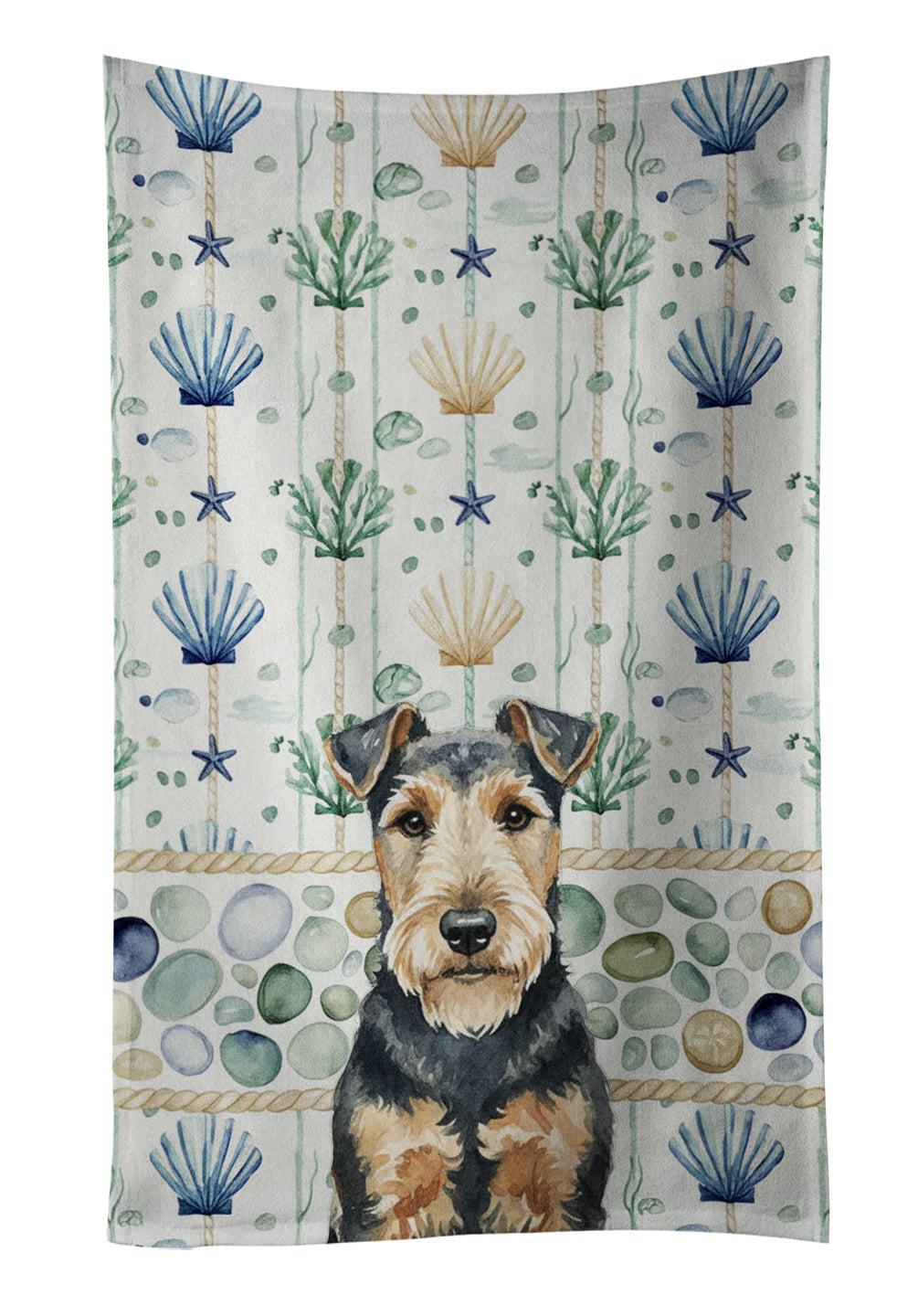Welsh Terrier Coastal Sea Glass Kitchen Towel Velour Plush Front and Cotton Loop Back Machine Washable