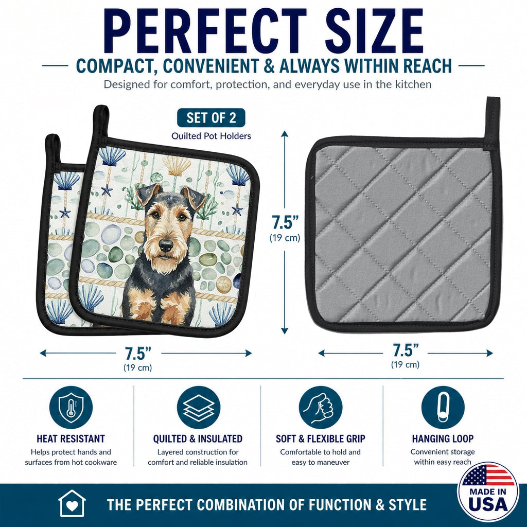 Welsh Terrier Coastal Sea Glass Pot Holder Set of 2 Heat Resistant Quilted Hot Pads 7.5 x 7.5 Inch, Insulated Kitchen Trivets for Cooking & Baking