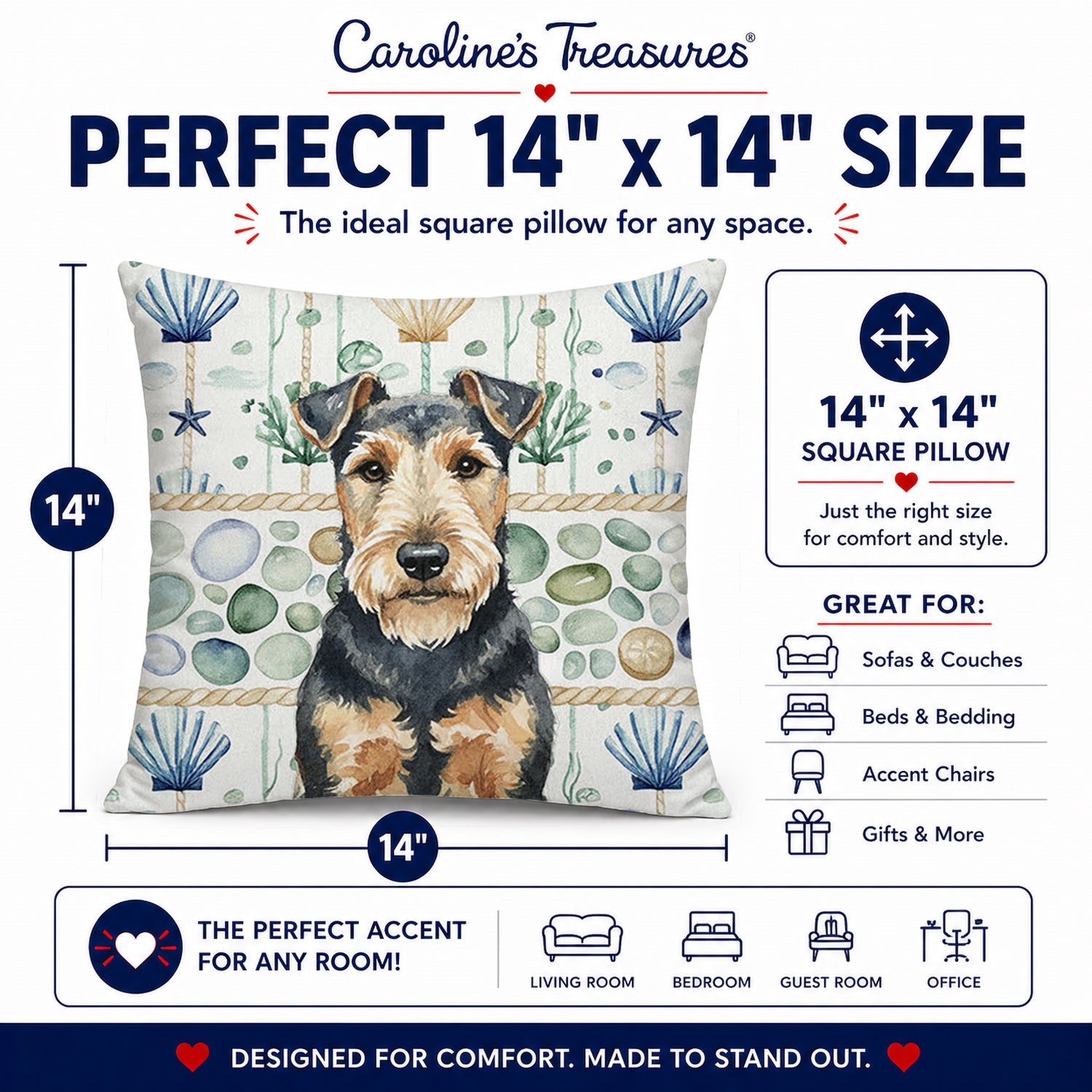 Welsh Terrier Coastal Sea Glass Decorative Throw Pillow 14x14 Indoor Outdoor Accent Cushion, Fabric Cover with Insert for Sofa, Bed, Porch & Living Room