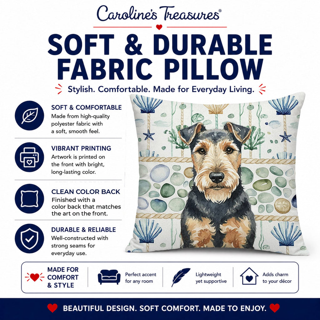 Welsh Terrier Coastal Sea Glass Decorative Throw Pillow 18x18 Indoor Outdoor Accent Cushion, Fabric Cover with Insert for Sofa, Bed, Porch & Living Room