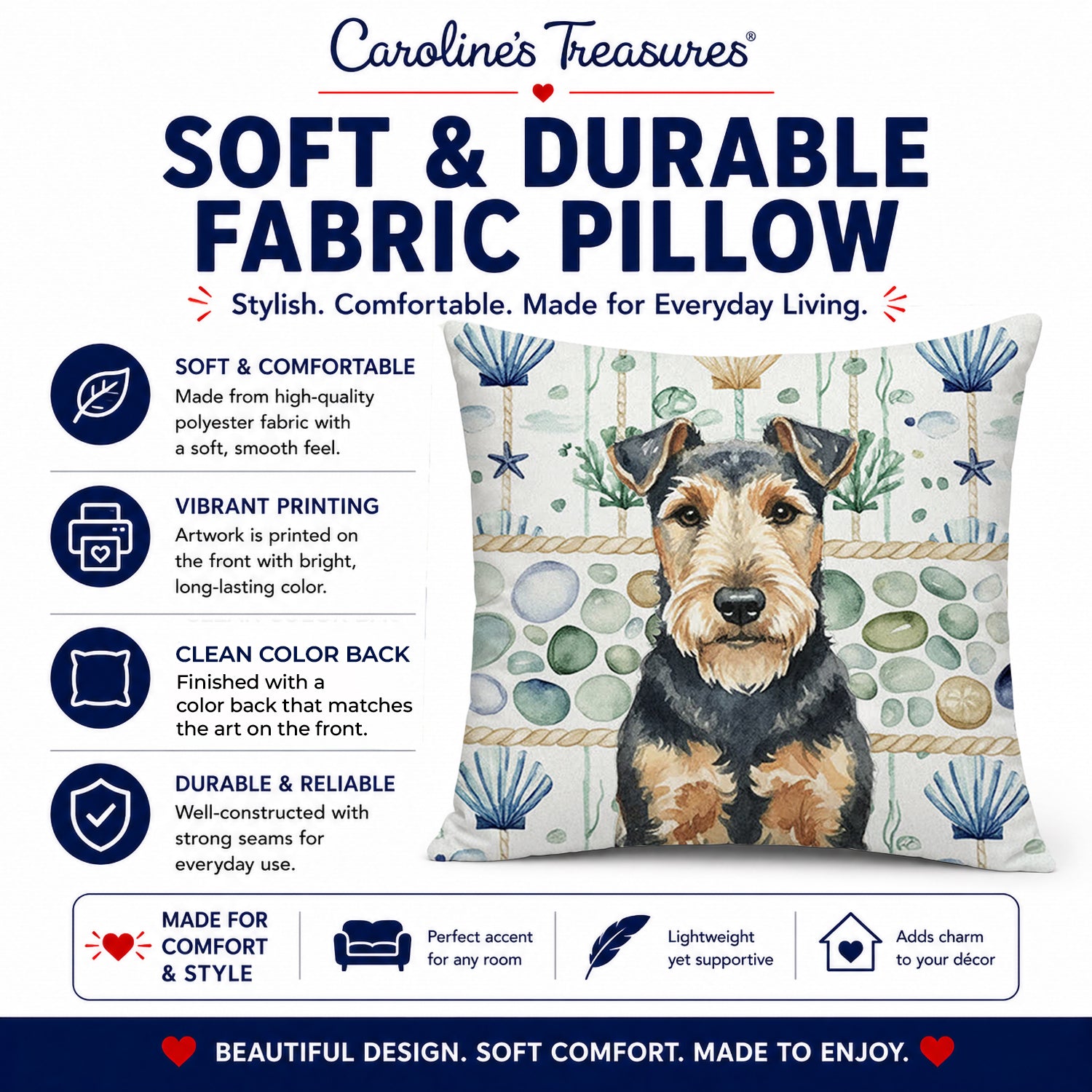 Welsh Terrier Coastal Sea Glass Decorative Throw Pillow 18x18 Indoor Outdoor Accent Cushion, Fabric Cover with Insert for Sofa, Bed, Porch & Living Room