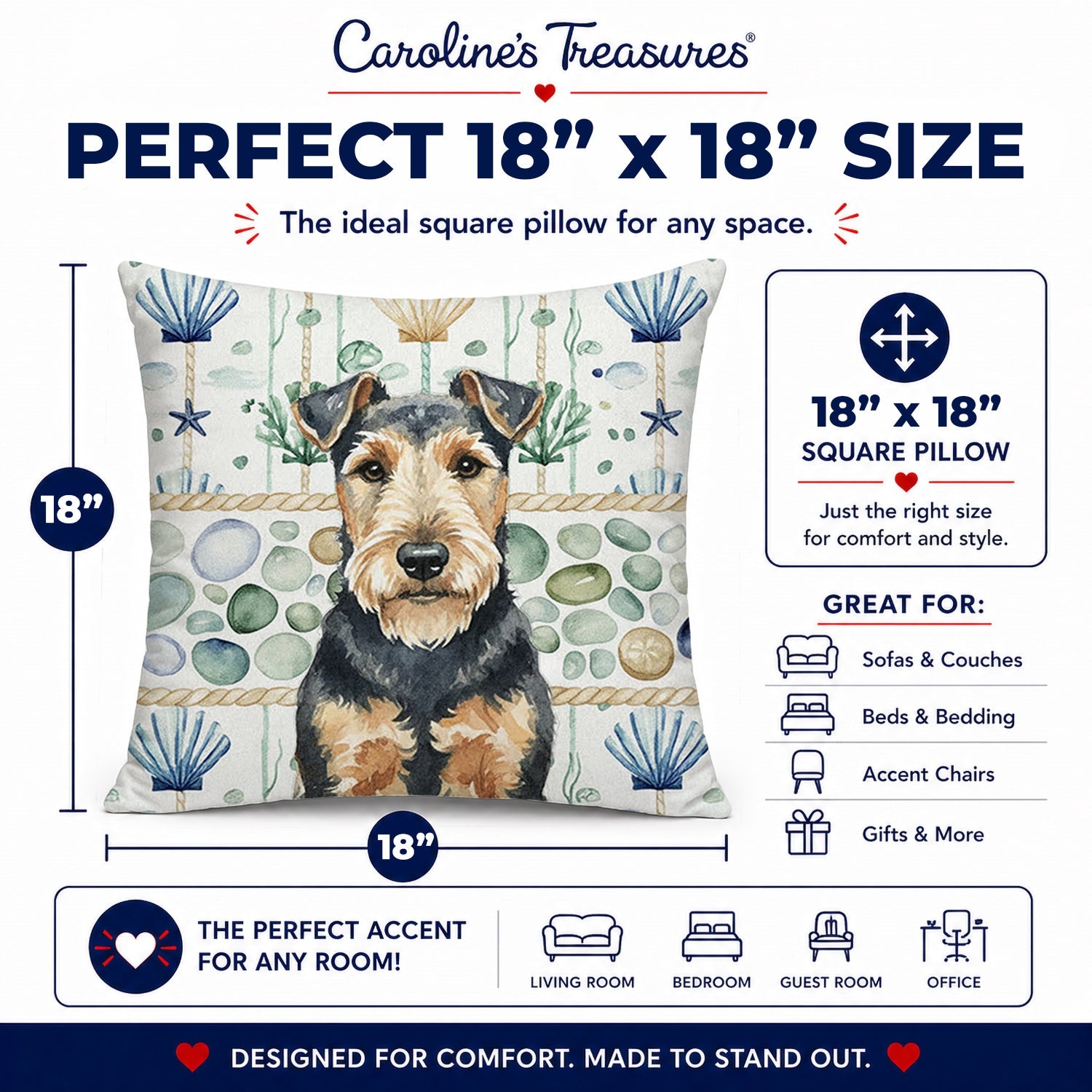 Welsh Terrier Coastal Sea Glass Decorative Throw Pillow 18x18 Indoor Outdoor Accent Cushion, Fabric Cover with Insert for Sofa, Bed, Porch & Living Room