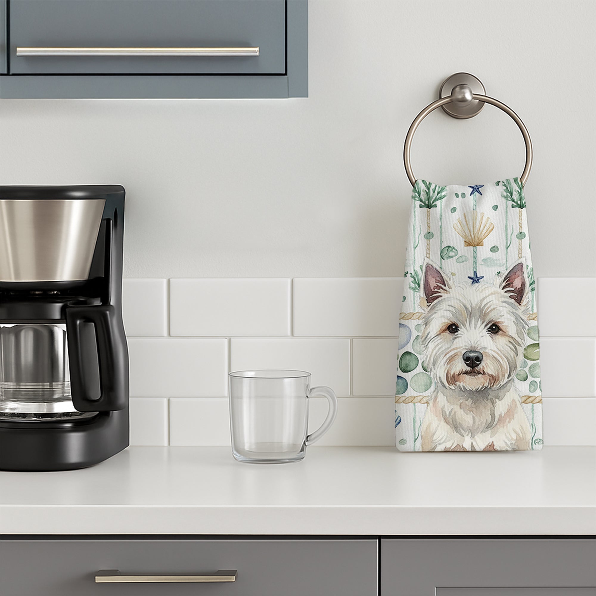 Westie Coastal Sea Glass Kitchen Towel Velour Plush Front and Cotton Loop Back Machine Washable