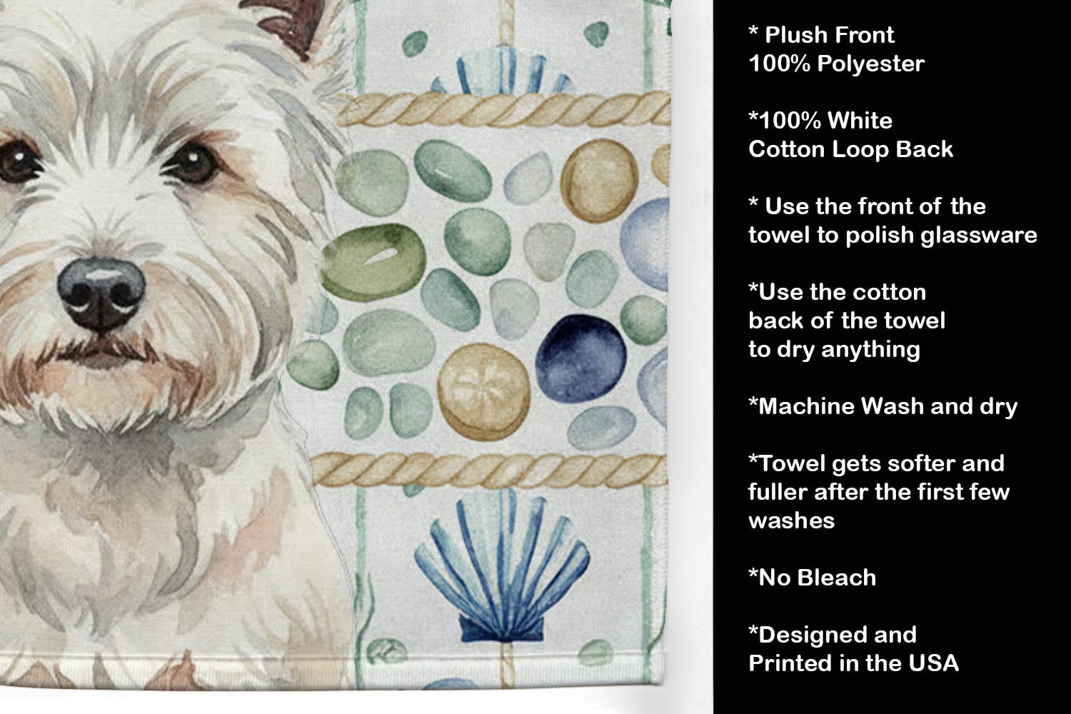 Westie Coastal Sea Glass Kitchen Towel Velour Plush Front and Cotton Loop Back Machine Washable