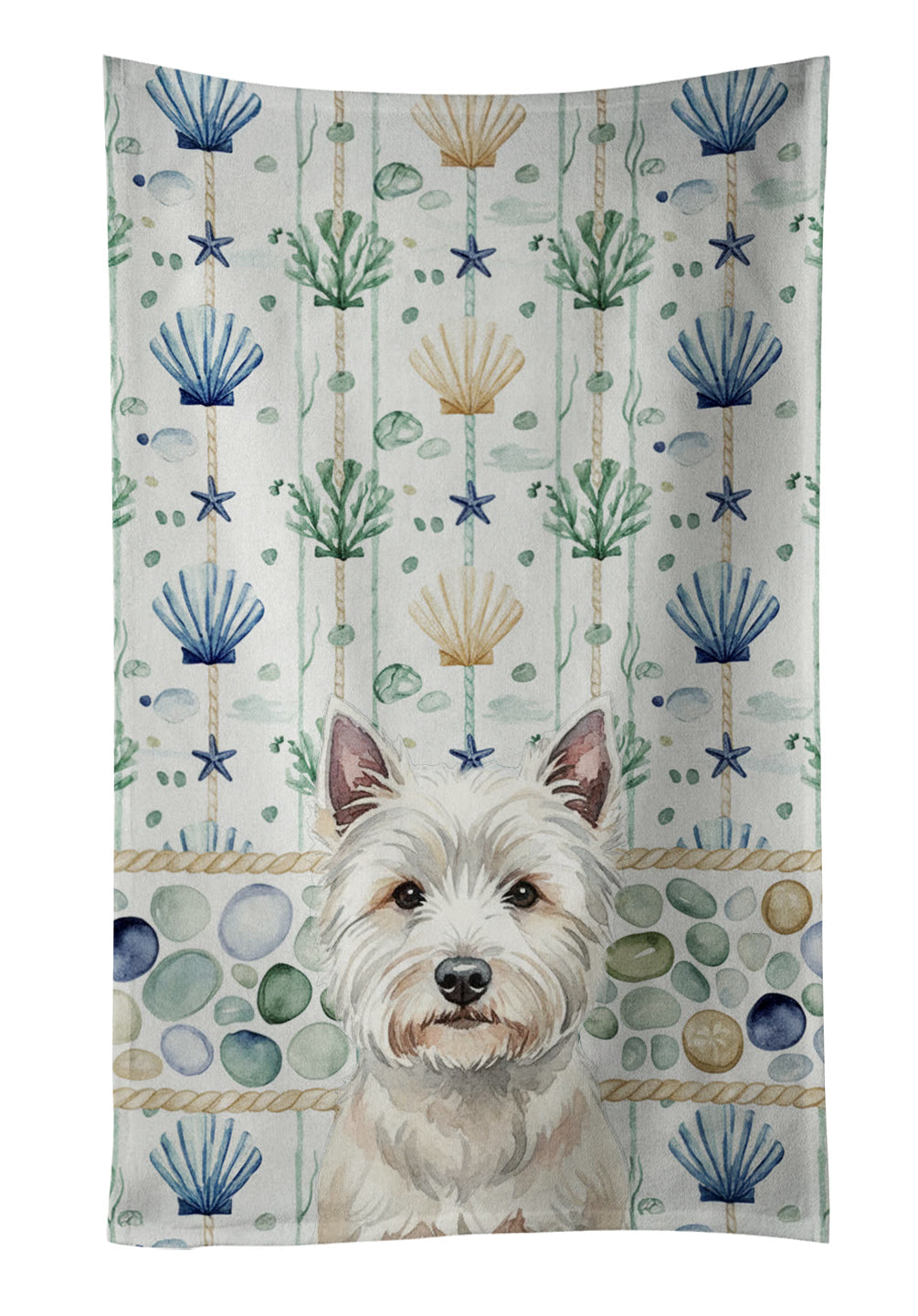 Westie Coastal Sea Glass Kitchen Towel Velour Plush Front and Cotton Loop Back Machine Washable