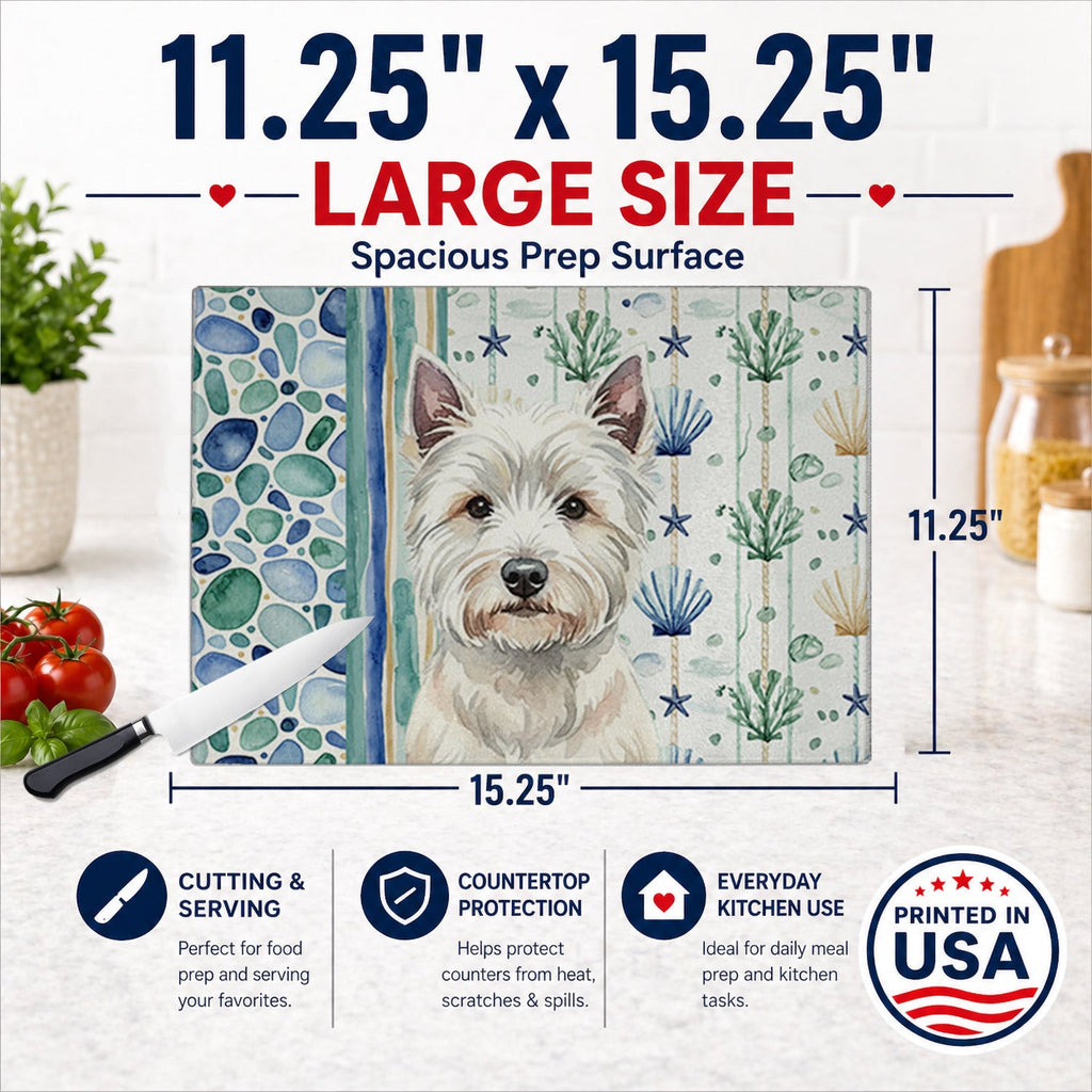 Westie Coastal Sea Glass Cutting Board Tempered Glass Kitchen Cutting Surface, Heat Resistant Chopping, Non-Slip Feet, Food Prep & Serving