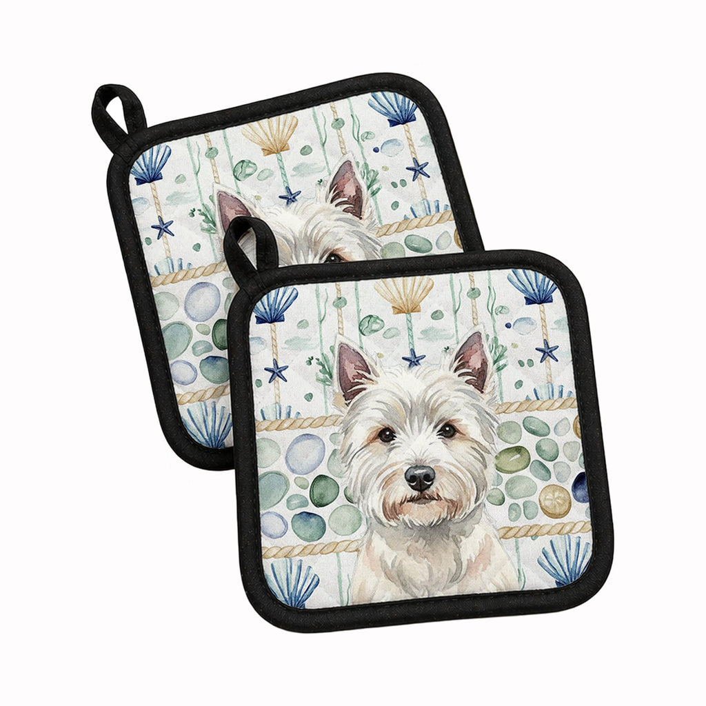 Westie Coastal Sea Glass Pot Holder Set of 2 Heat Resistant Quilted Hot Pads 7.5 x 7.5 Inch, Insulated Kitchen Trivets for Cooking & Baking