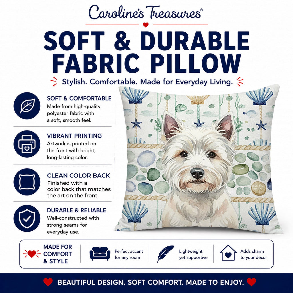 Westie Coastal Sea Glass Decorative Throw Pillow 14x14 Indoor Outdoor Accent Cushion, Fabric Cover with Insert for Sofa, Bed, Porch & Living Room