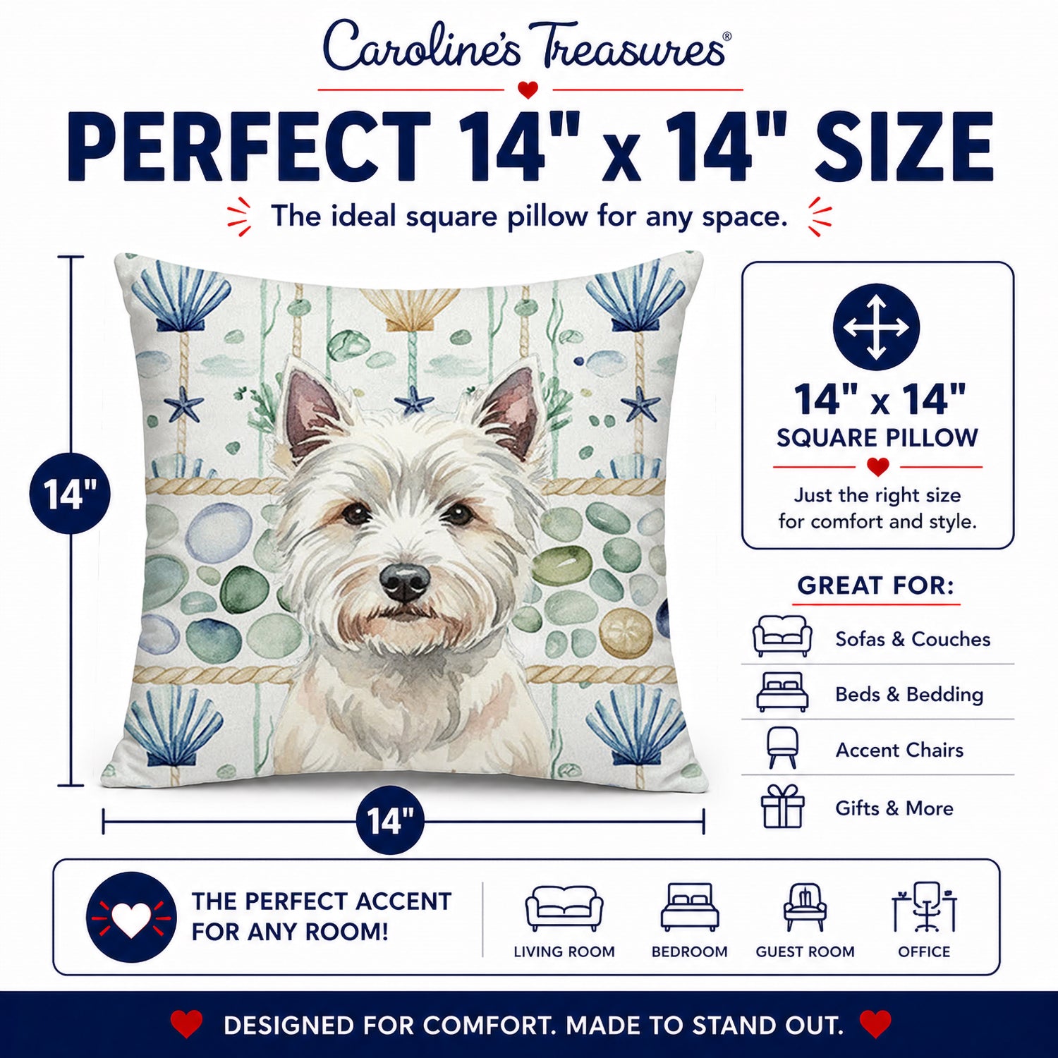 Westie Coastal Sea Glass Decorative Throw Pillow 14x14 Indoor Outdoor Accent Cushion, Fabric Cover with Insert for Sofa, Bed, Porch & Living Room