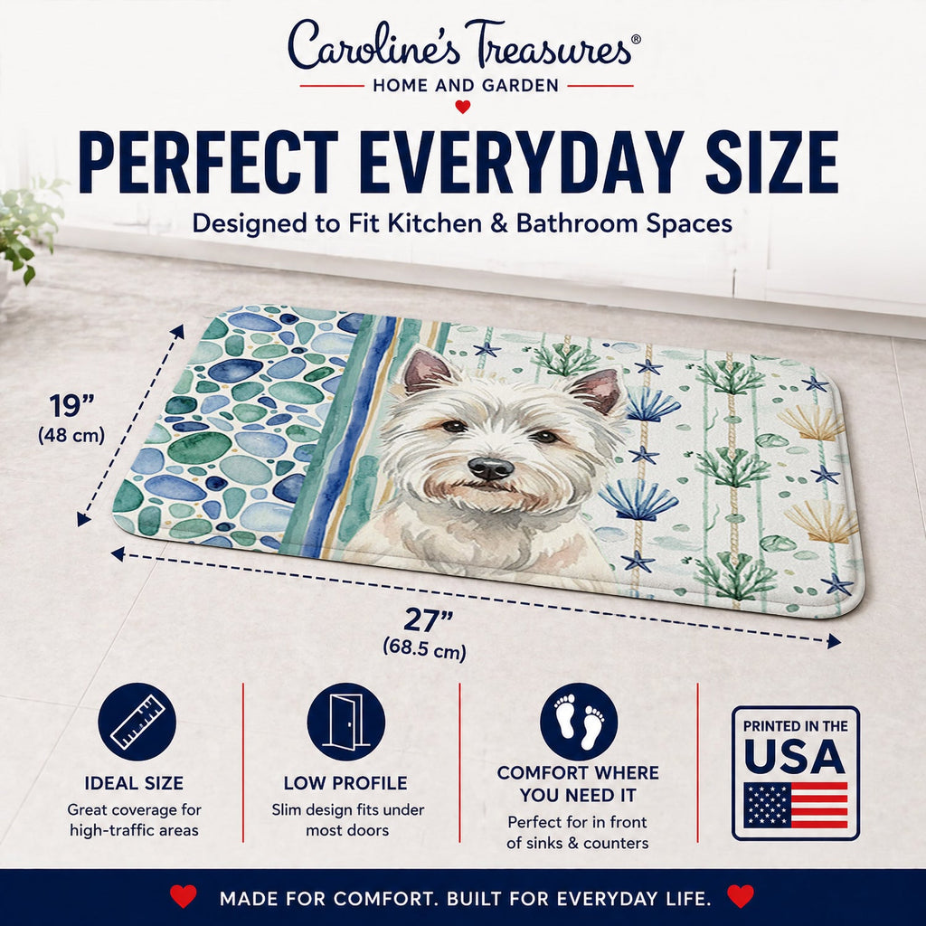 Westie Coastal Sea Glass Memory Foam Kitchen Mat Machine Washable Anti-Fatigue Cushion Comfort Bath or Kitchen Rug