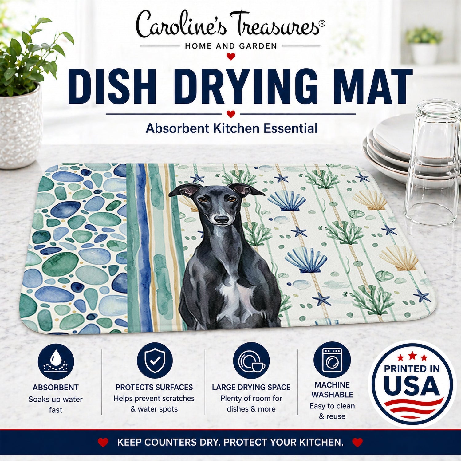 Black Whippet Coastal Sea Glass Dish Drying Mat Absorbent Dish Drying Mat Pad for Kitchen Counter Dish Drainer Mat for Countertop, 14 x 21", Multicolor