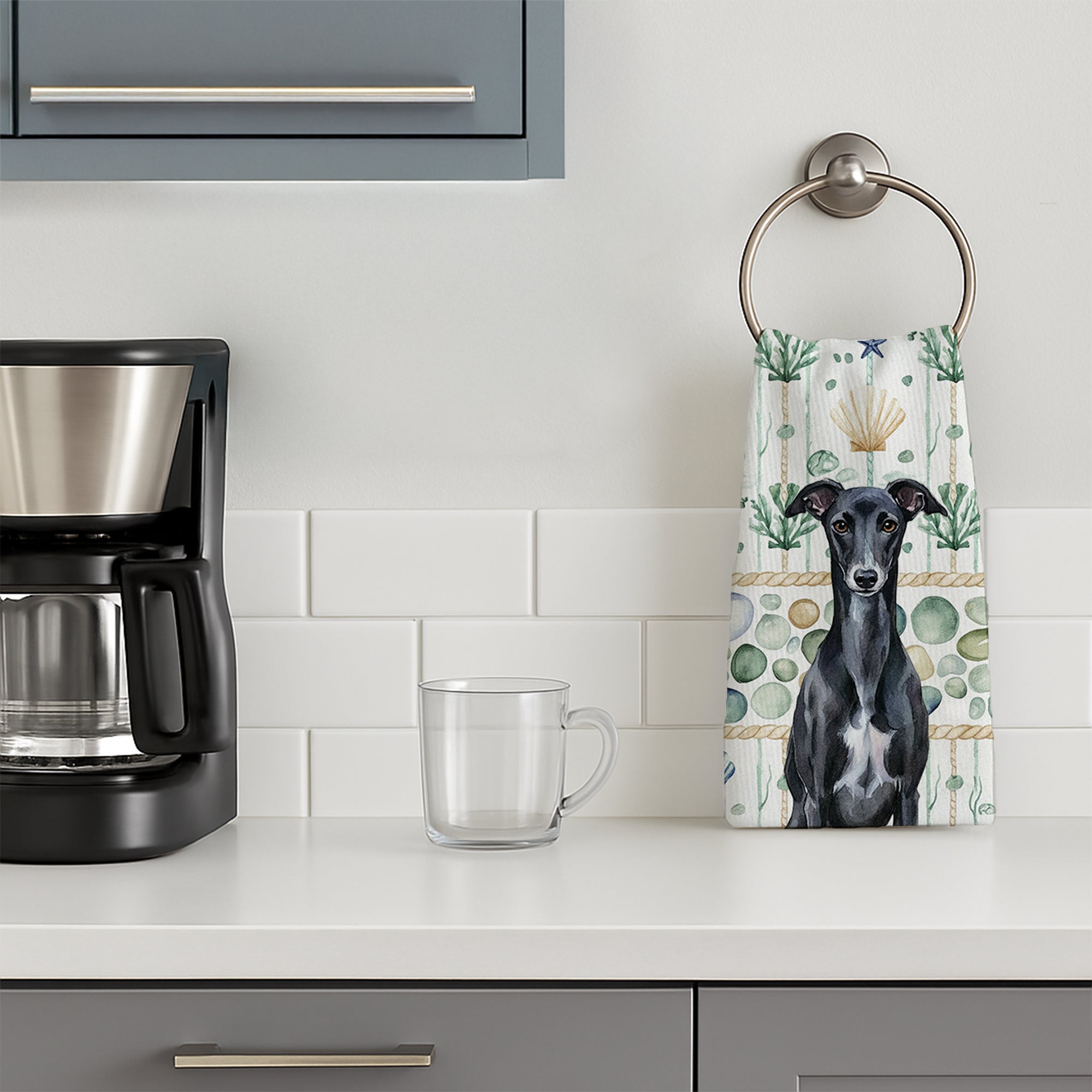 Black Whippet Coastal Sea Glass Kitchen Towel Velour Plush Front and Cotton Loop Back Machine Washable
