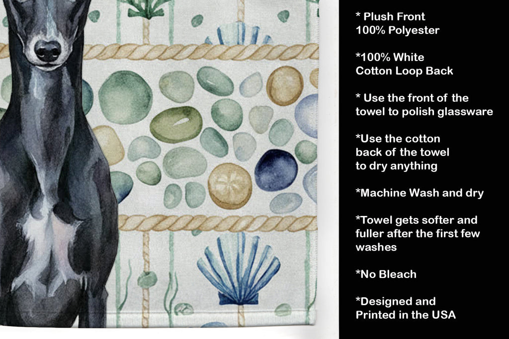 Black Whippet Coastal Sea Glass Kitchen Towel Velour Plush Front and Cotton Loop Back Machine Washable