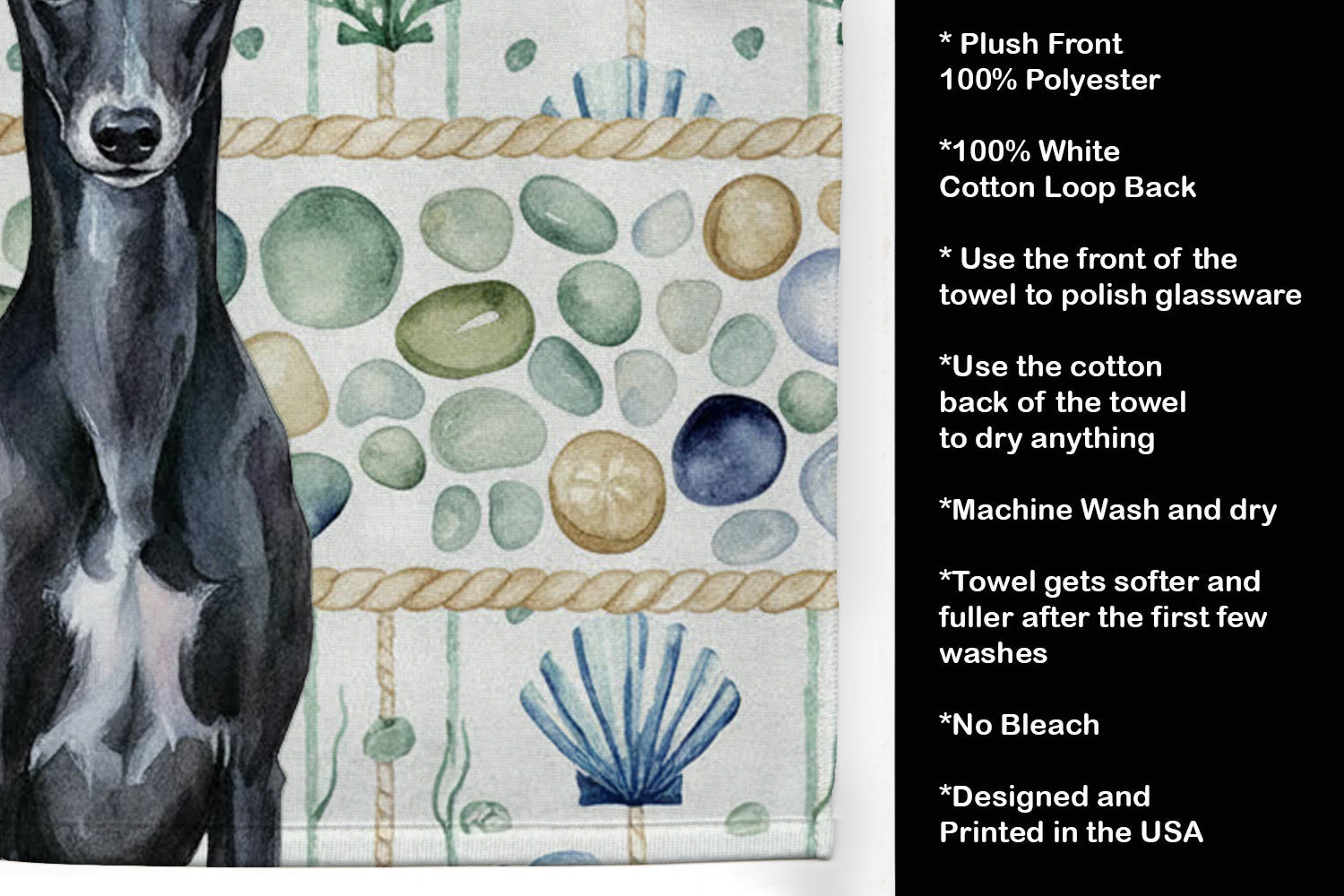 Black Whippet Coastal Sea Glass Kitchen Towel Velour Plush Front and Cotton Loop Back Machine Washable