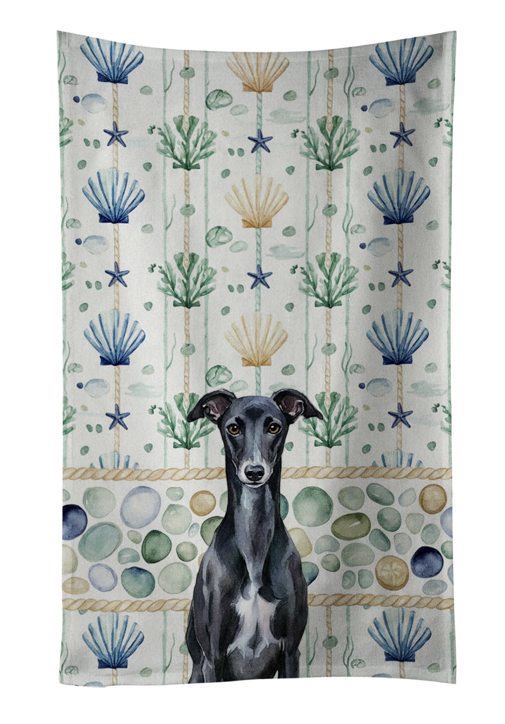 Black Whippet Coastal Sea Glass Kitchen Towel Velour Plush Front and Cotton Loop Back Machine Washable