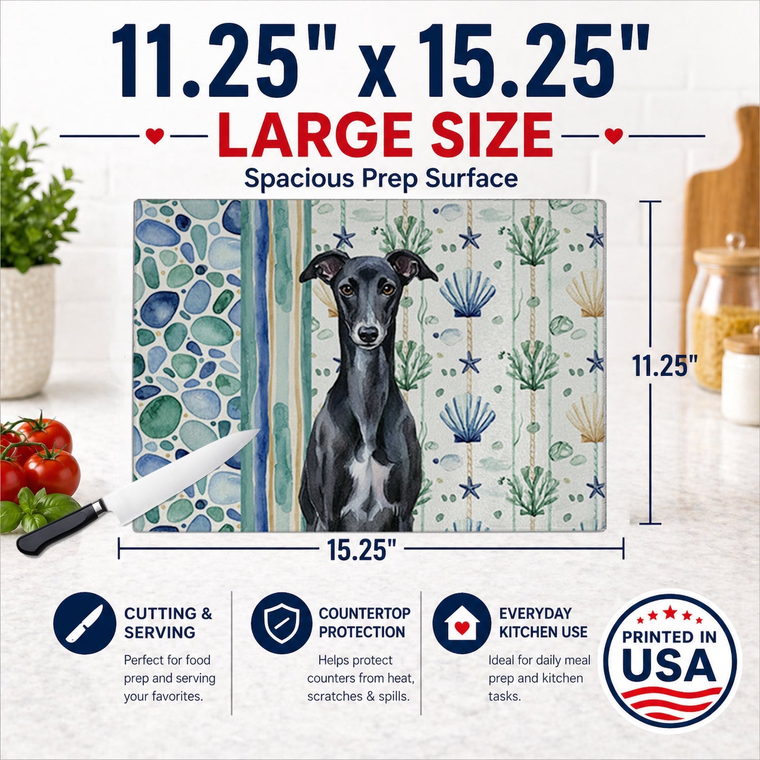 Black Whippet Coastal Sea Glass Cutting Board Tempered Glass Kitchen Cutting Surface, Heat Resistant Chopping, Non-Slip Feet, Food Prep & Serving