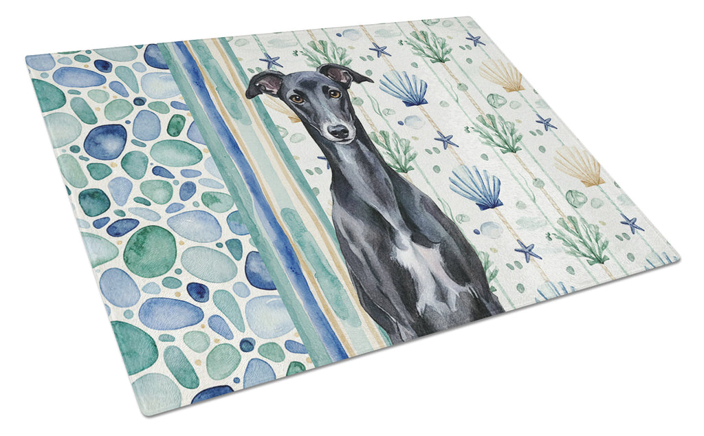 Black Whippet Coastal Sea Glass Cutting Board Tempered Glass Kitchen Cutting Surface, Heat Resistant Chopping, Non-Slip Feet, Food Prep & Serving