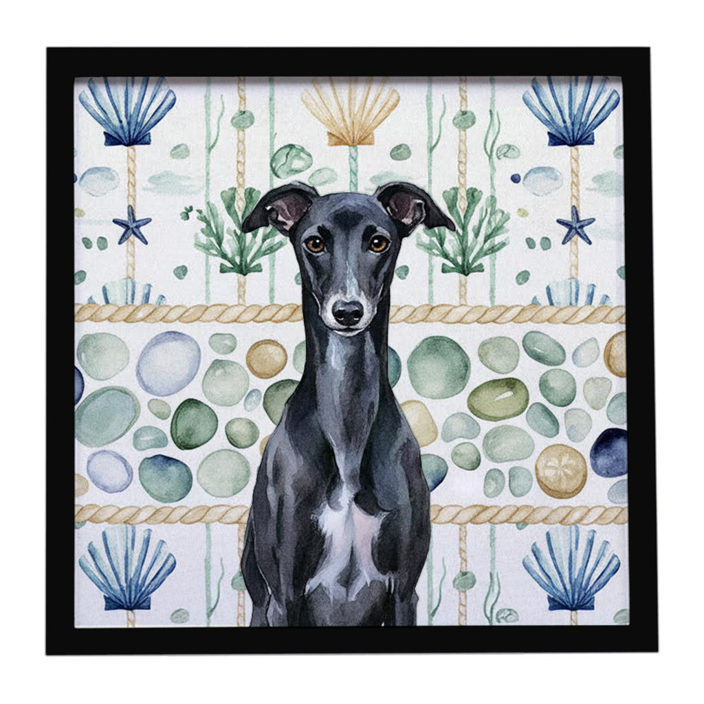 Black Whippet Coastal Sea Glass Framed Metal Print Bathroom, Kitchen, Office, Home Decor Wall Art Ready to Hang, Square, 8X8