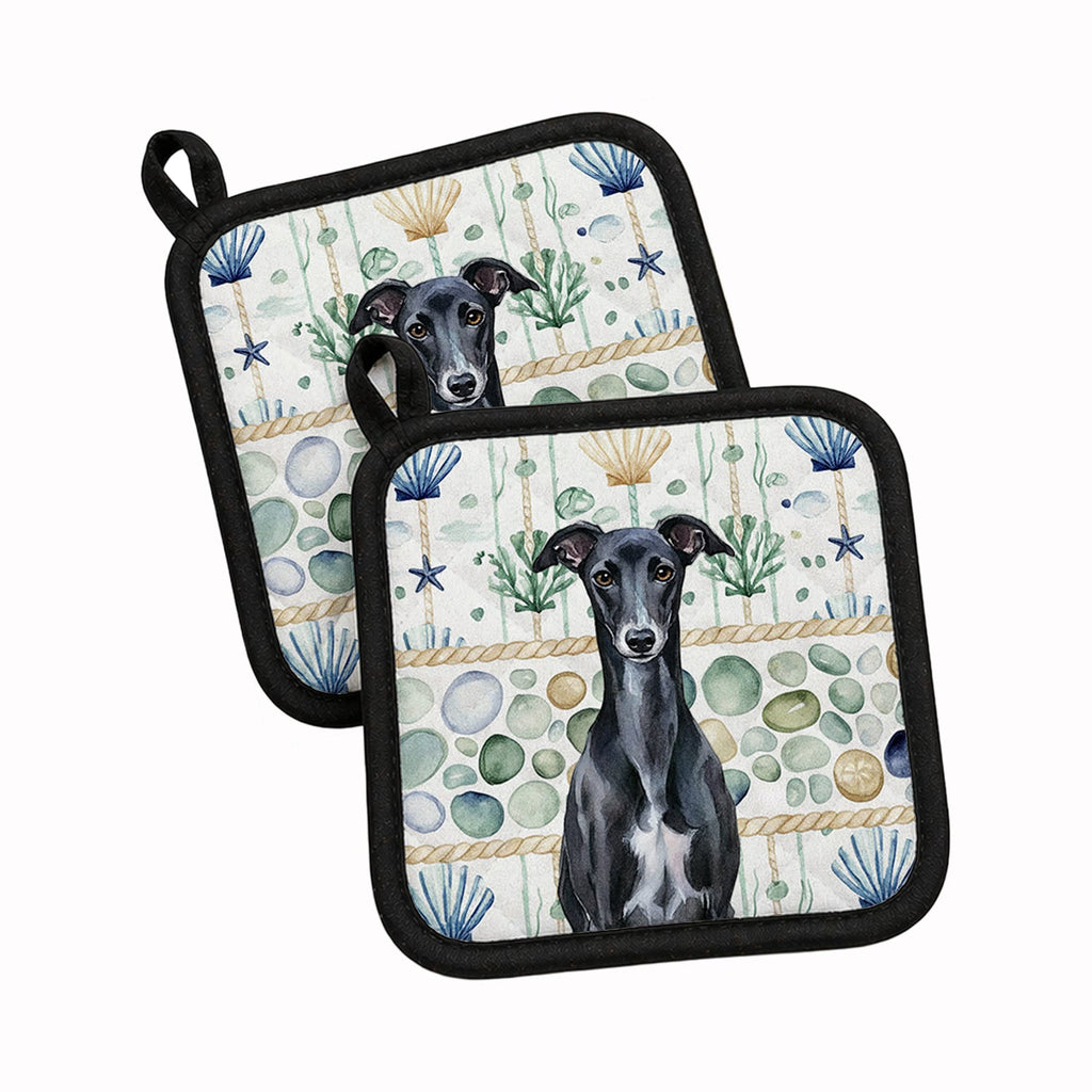 Black Whippet Coastal Sea Glass Pot Holder Set of 2 Heat Resistant Quilted Hot Pads 7.5 x 7.5 Inch, Insulated Kitchen Trivets for Cooking & Baking
